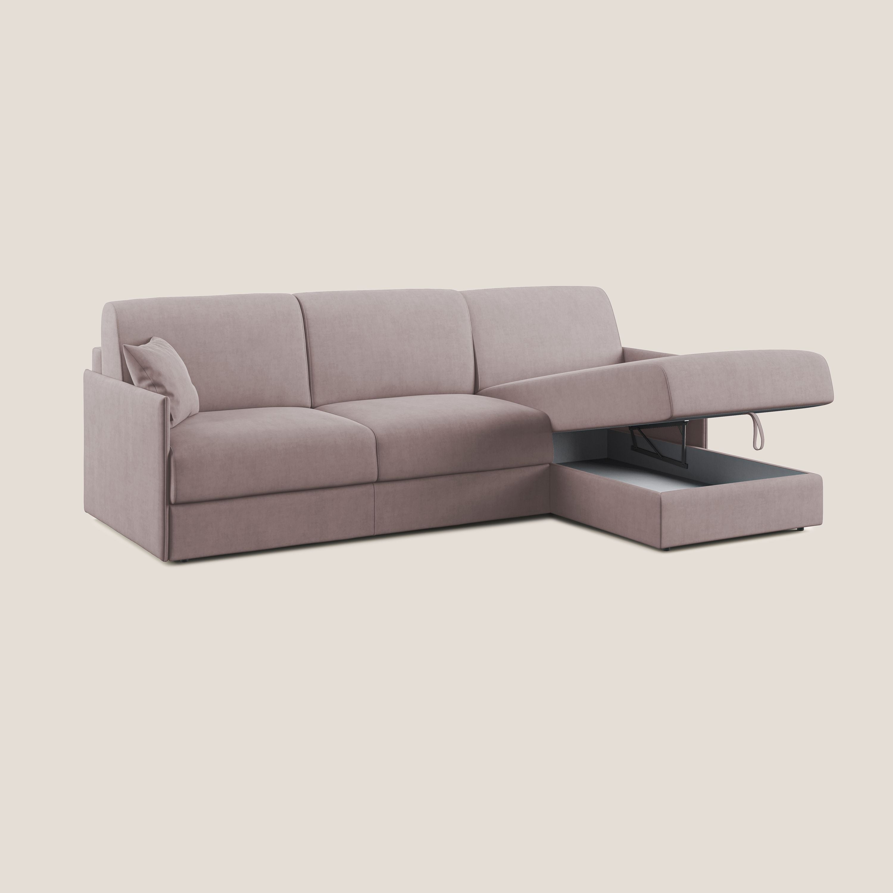 Evans Divano letto angolare con penisola in morbido tessuto impermeabile T02 rosa - divani.store