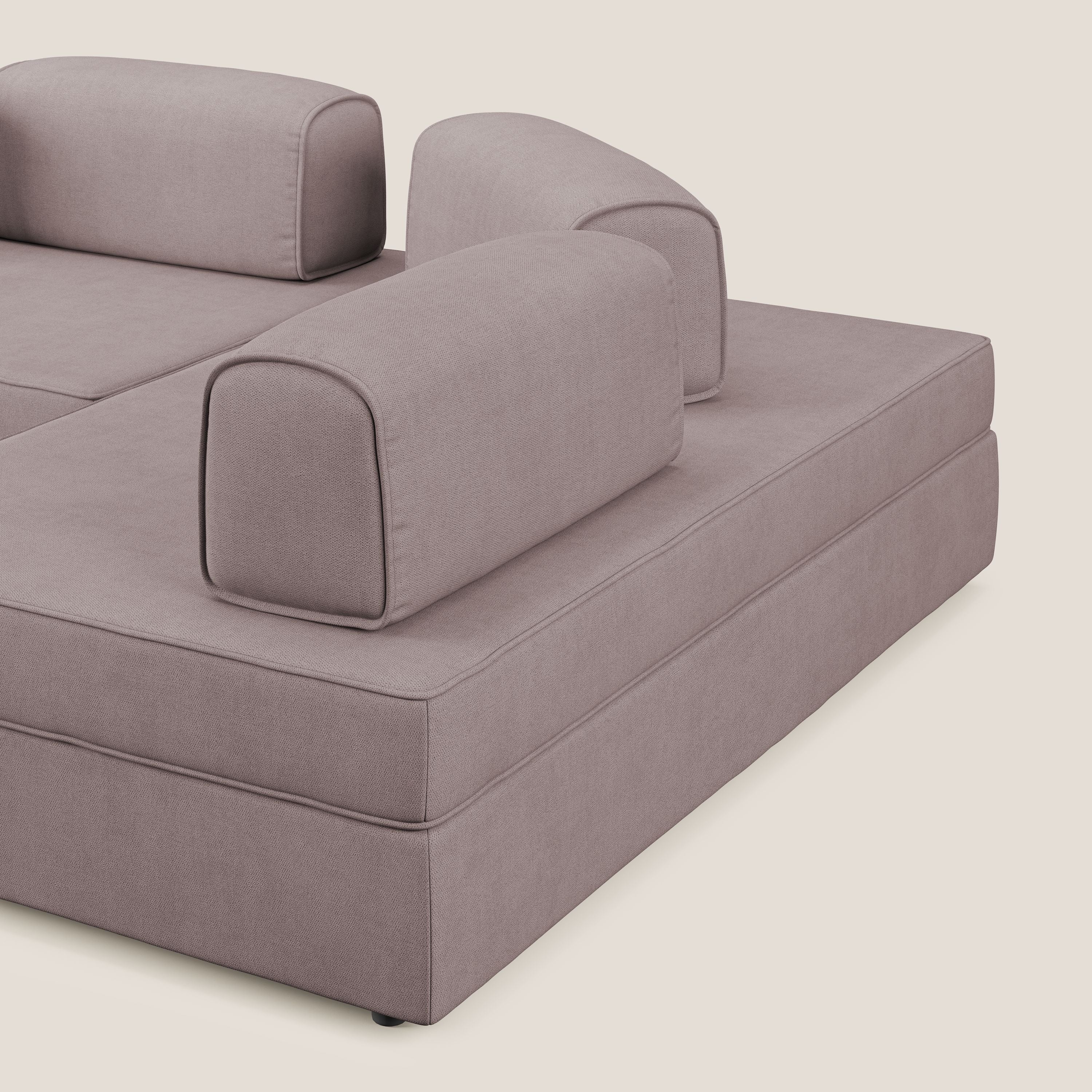 Liberty divano angolare con pouf estraibile e schienali movibili in tessuto morbido impermeabile T02 rosa - divani.store