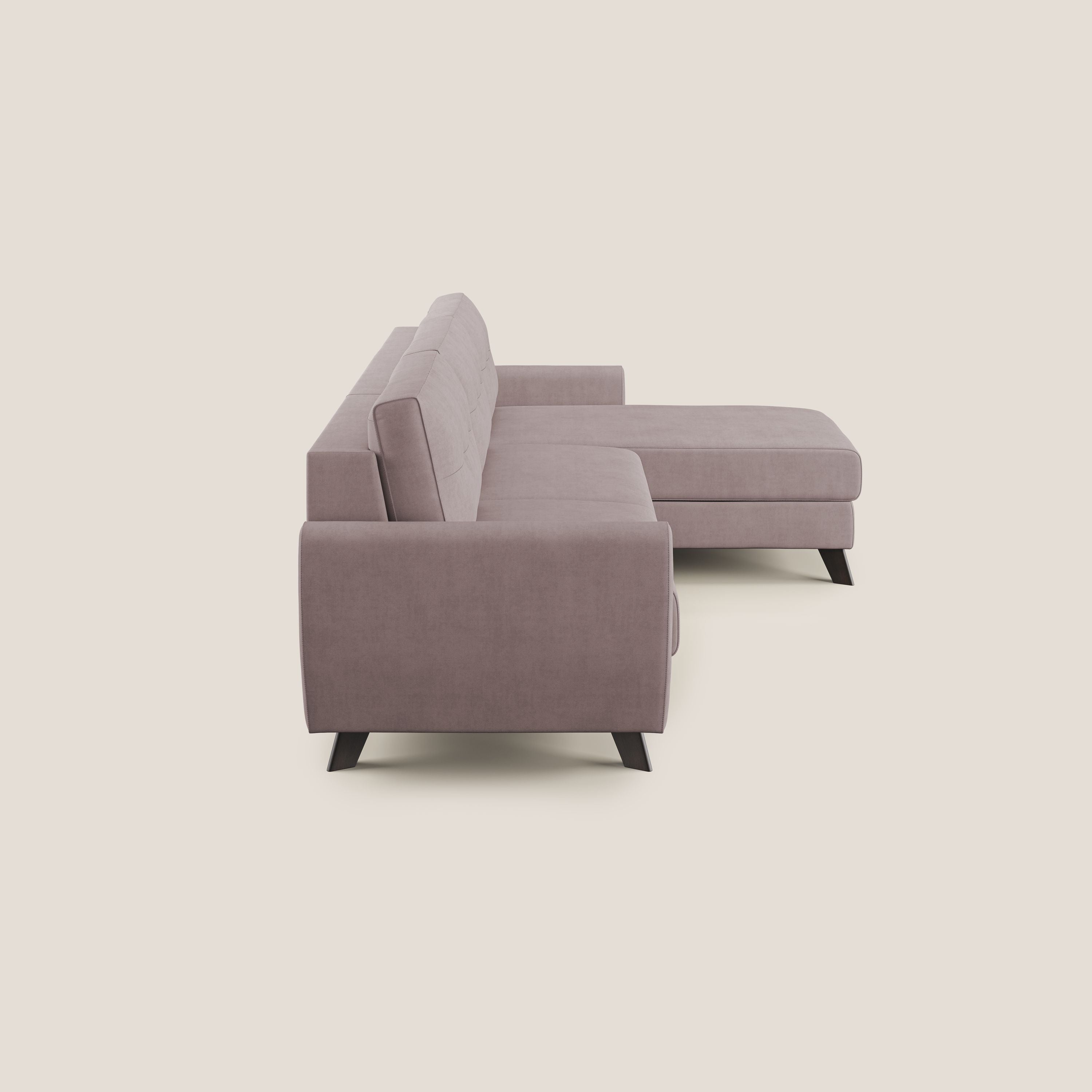 Callisto Divano letto angolare con penisola in tessuto morbido impermeabile T02 rosa - divani.store