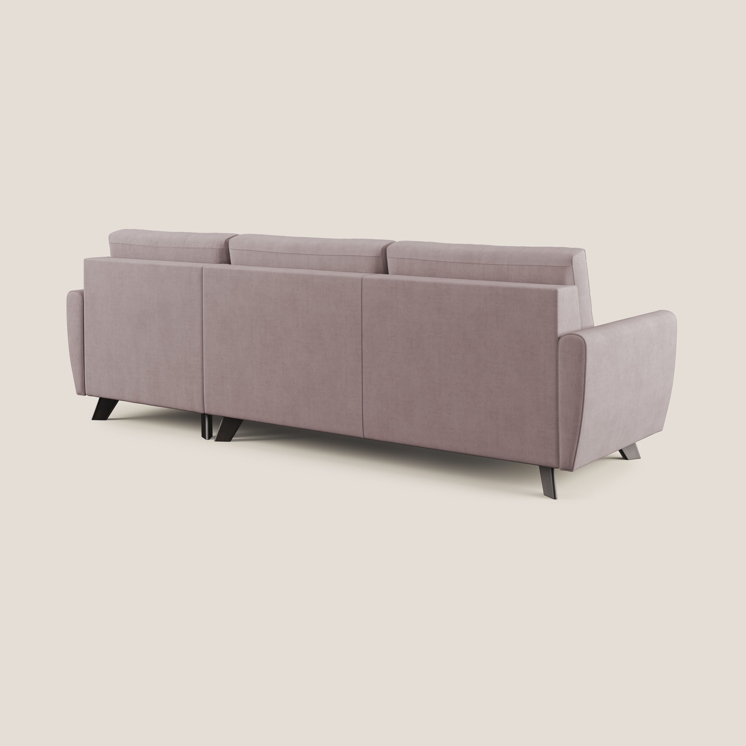 Callisto Divano letto angolare con penisola in tessuto morbido impermeabile T02 rosa - divani.store