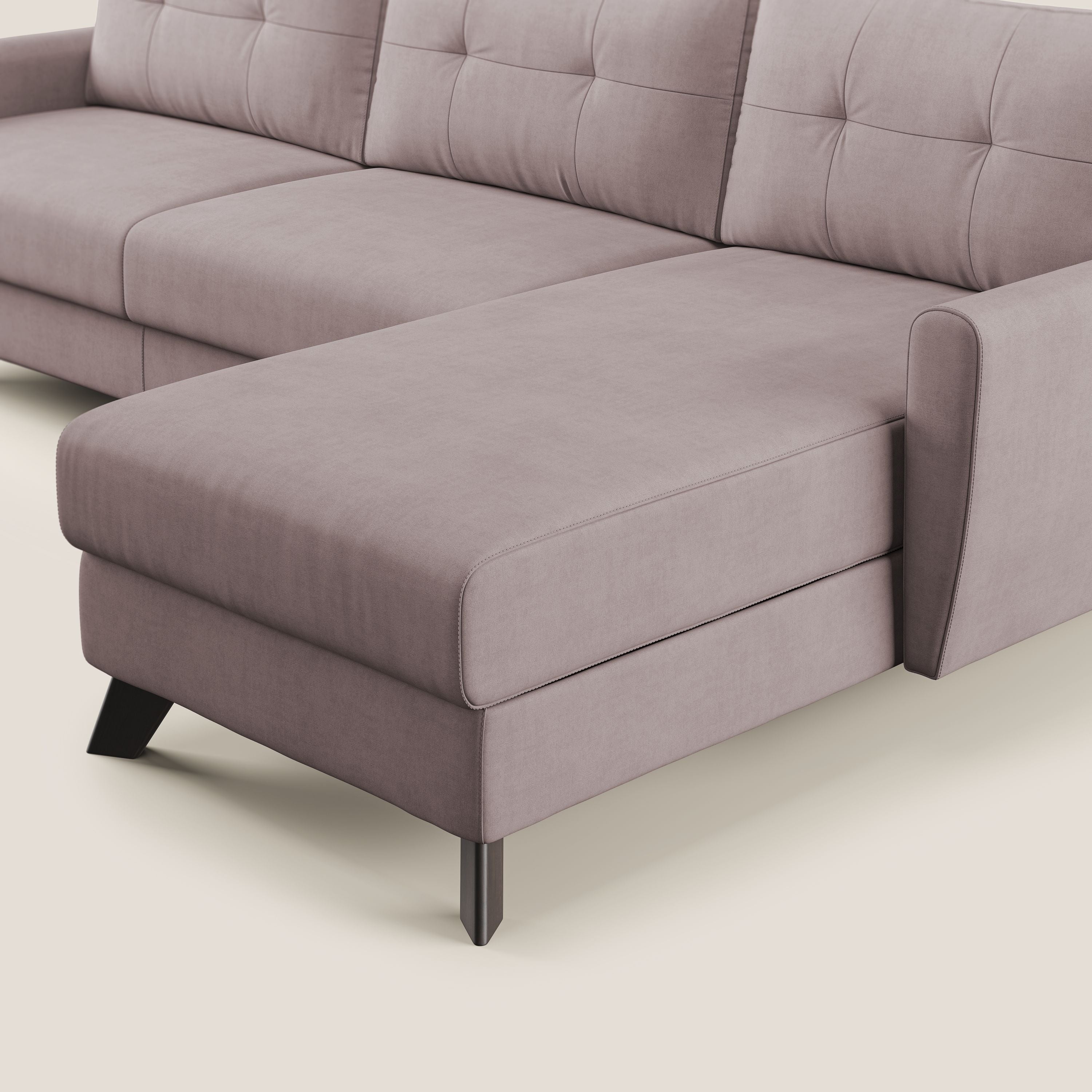 Callisto Divano letto angolare con penisola in tessuto morbido impermeabile T02 rosa - divani.store