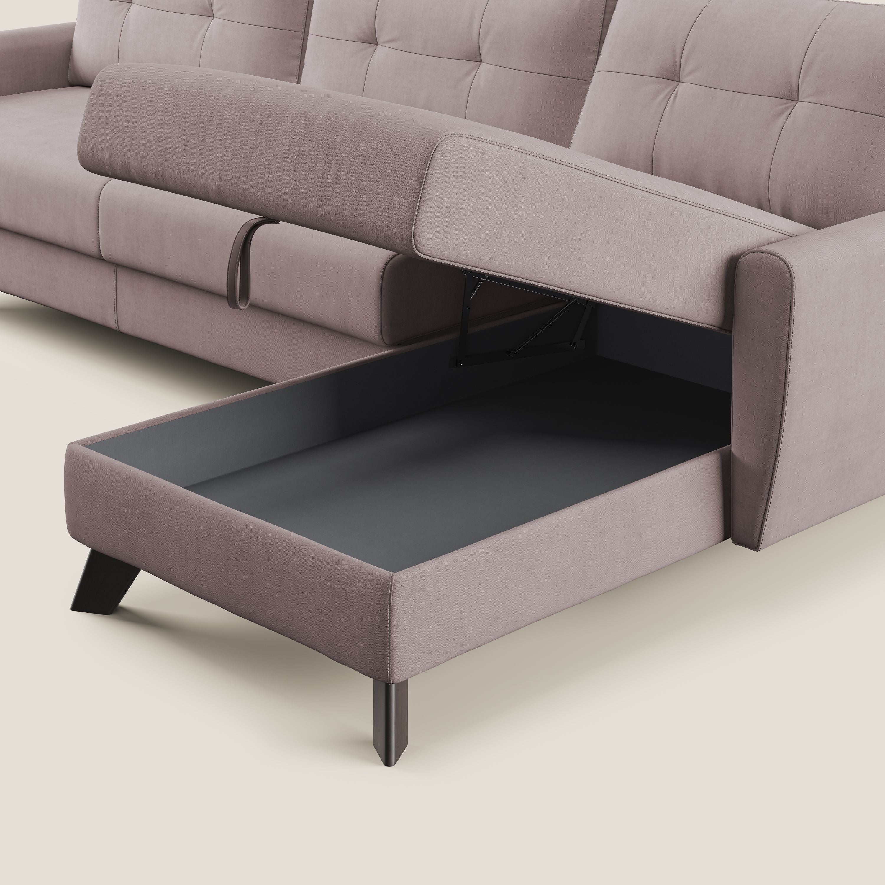 Callisto Divano letto angolare con penisola in tessuto morbido impermeabile T02 rosa - divani.store