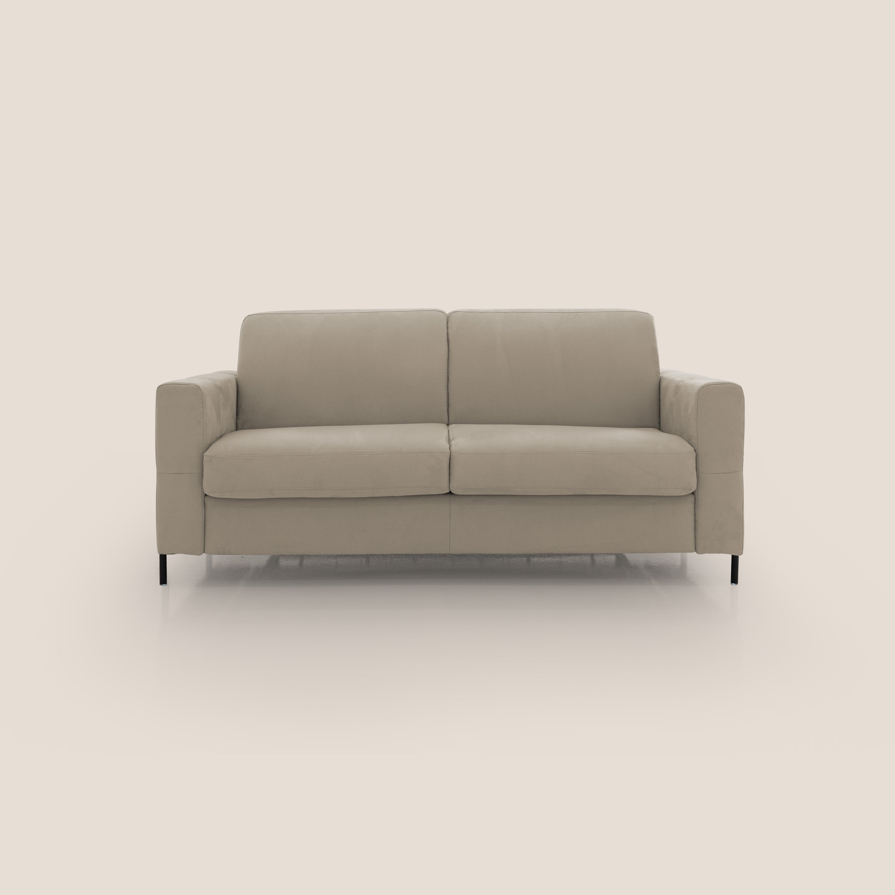 Ortensia divano letto materasso H18 cm con piedi alti in elegante microfibra smacchiabile T11 tortora - divani.store