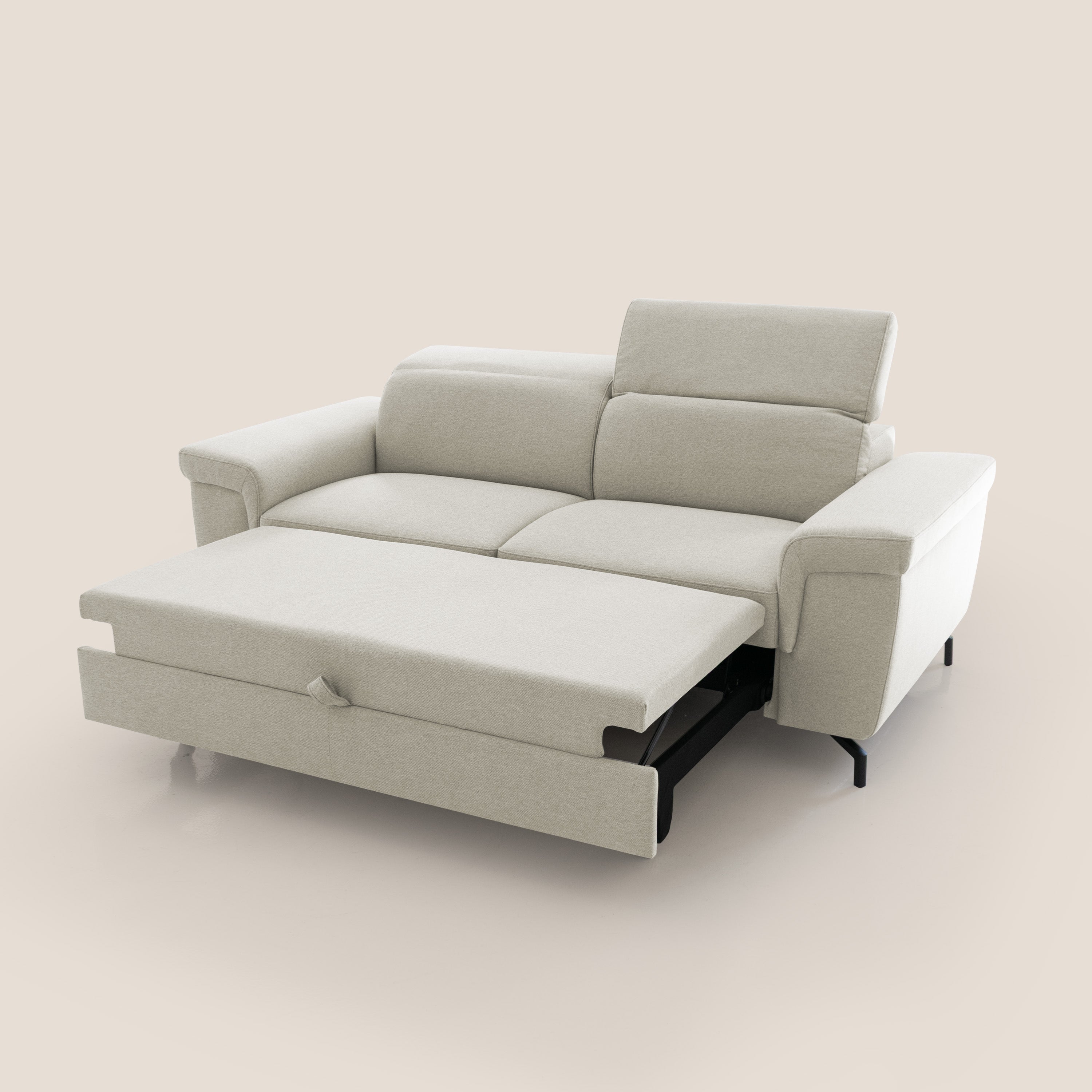 Aisha Divano con poggiapiedi estraibile piedini alti e poggiatesta reclinabili in tessuto Smacchiabile T05 panna - divani.store