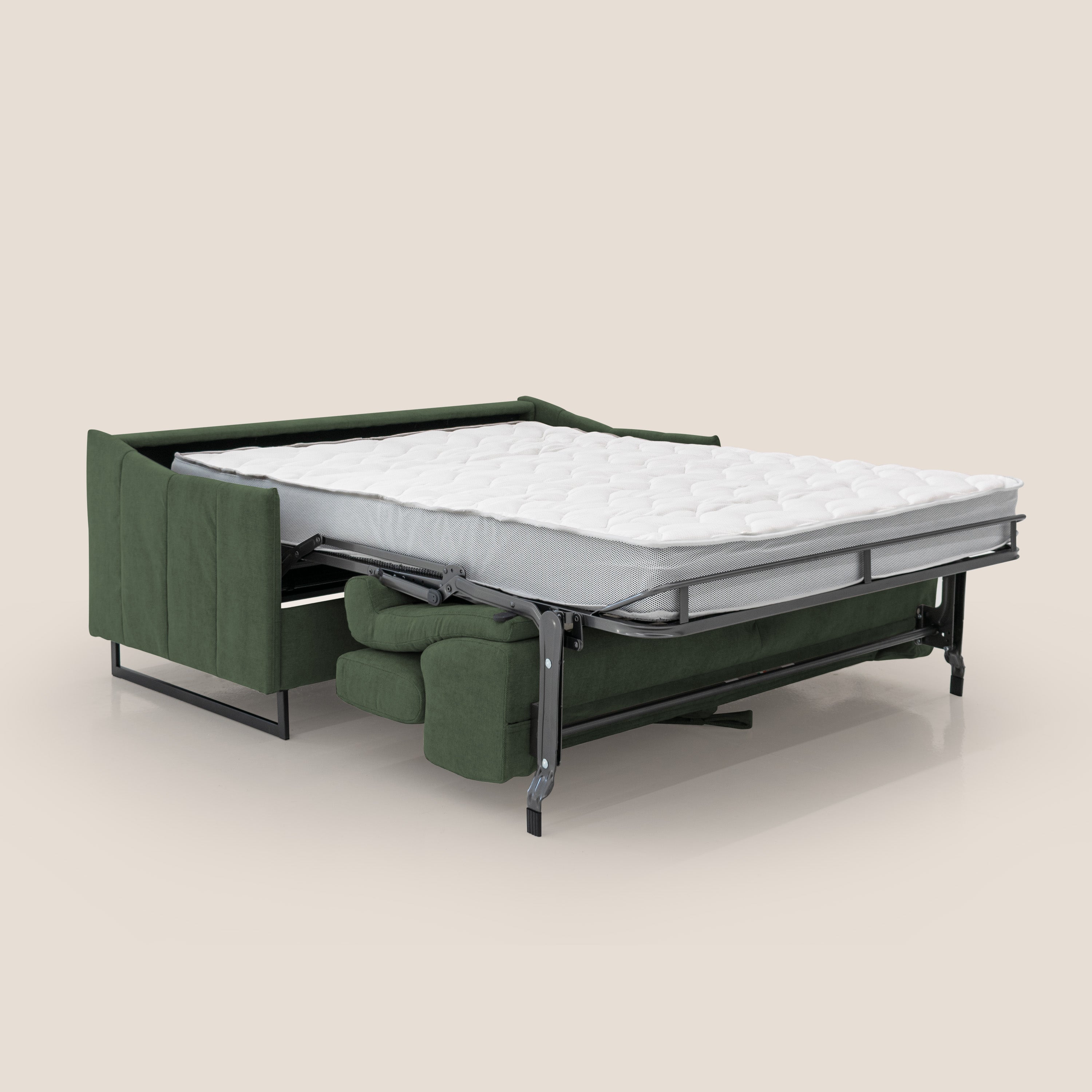 Loto divano letto salvaspazio materasso H18 cm con piedi alti in morbido tessuto impermeabile T14 verde - divani.store