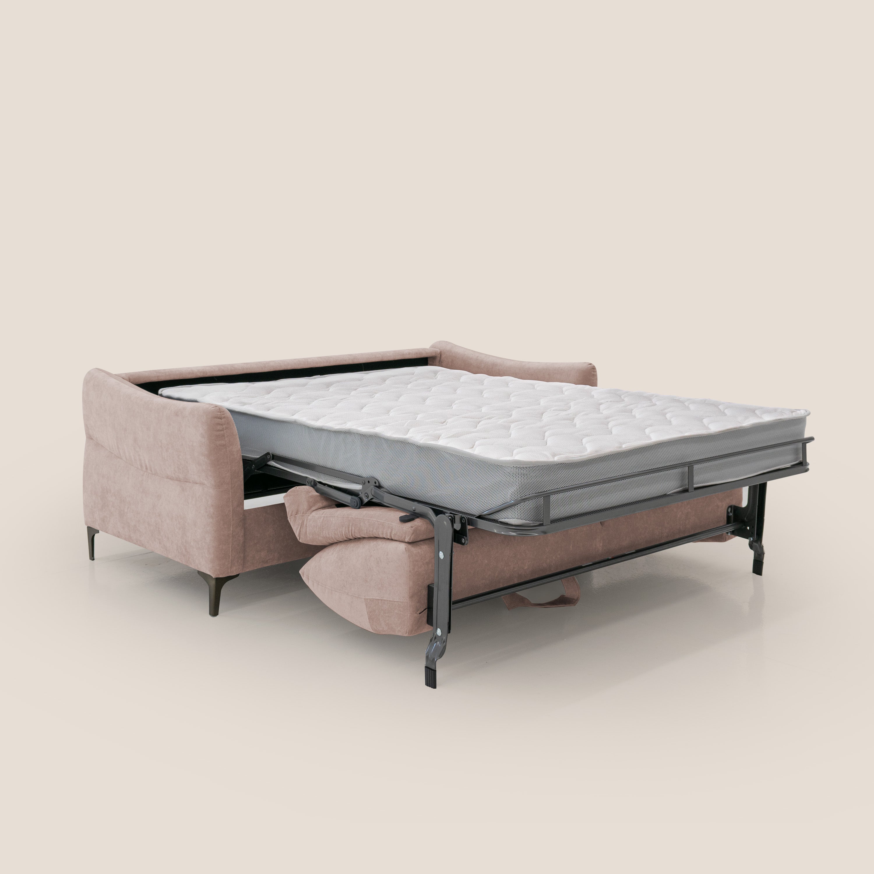 Dalia divano letto con materasso H18 cm e piedi alti in raffinato tessuto smacchiabile T17 rosa - divani.store