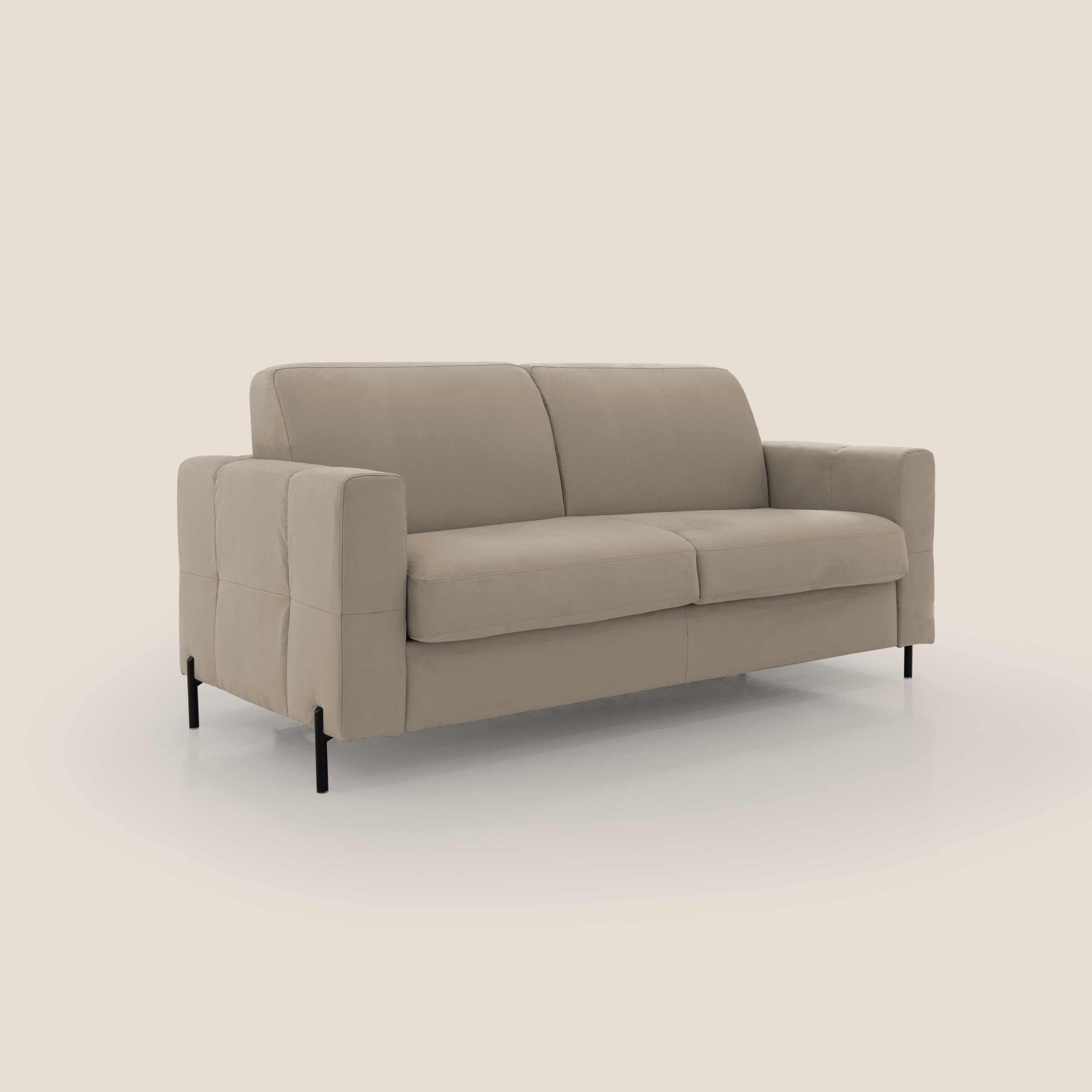 Ortensia divano letto materasso H18 cm con piedi alti in elegante microfibra smacchiabile T11 tortora - divani.store