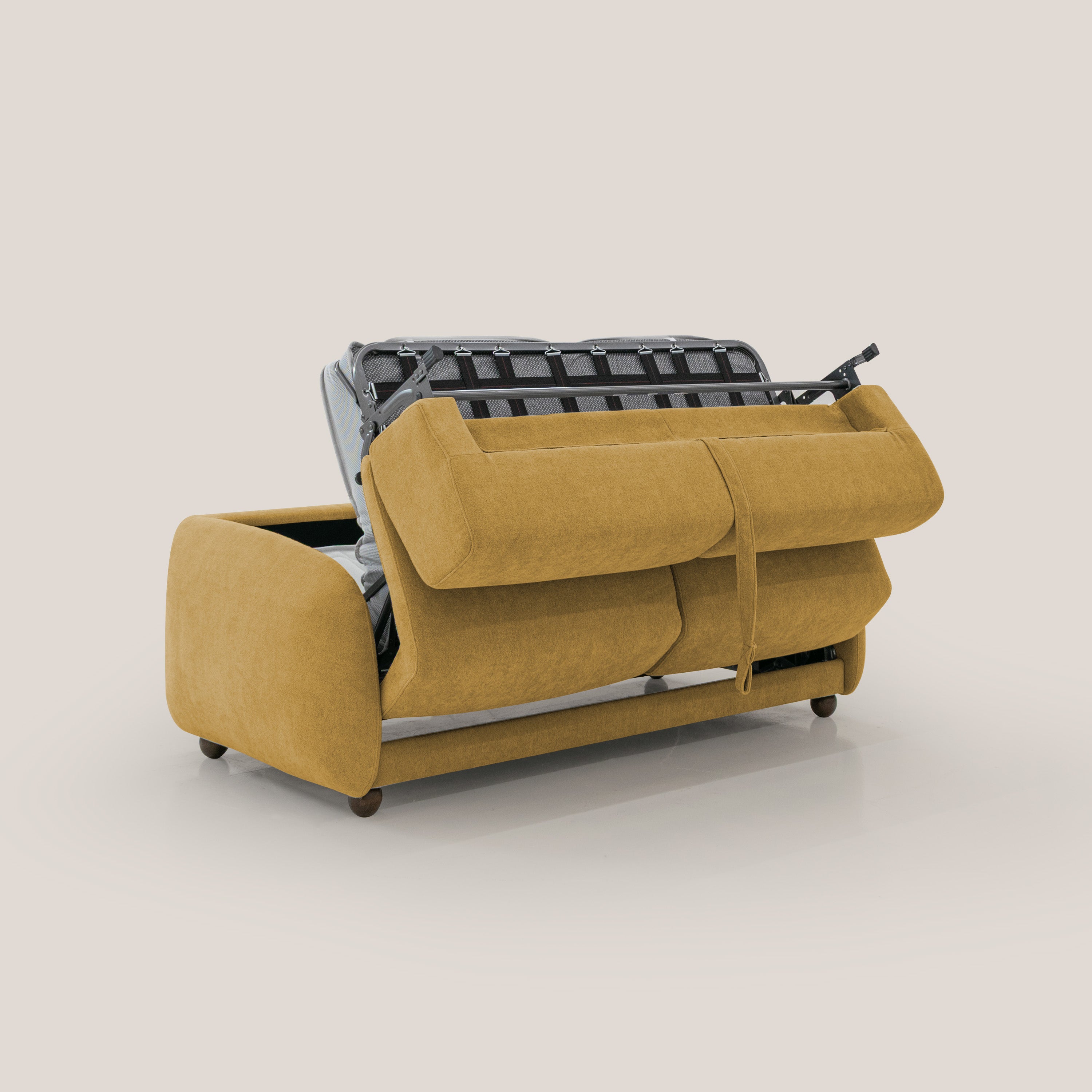 Giglio divano letto scandinavo japandi con materasso H18 cm in tessuto Bouclé impermeabile T07 giallo - divani.store
