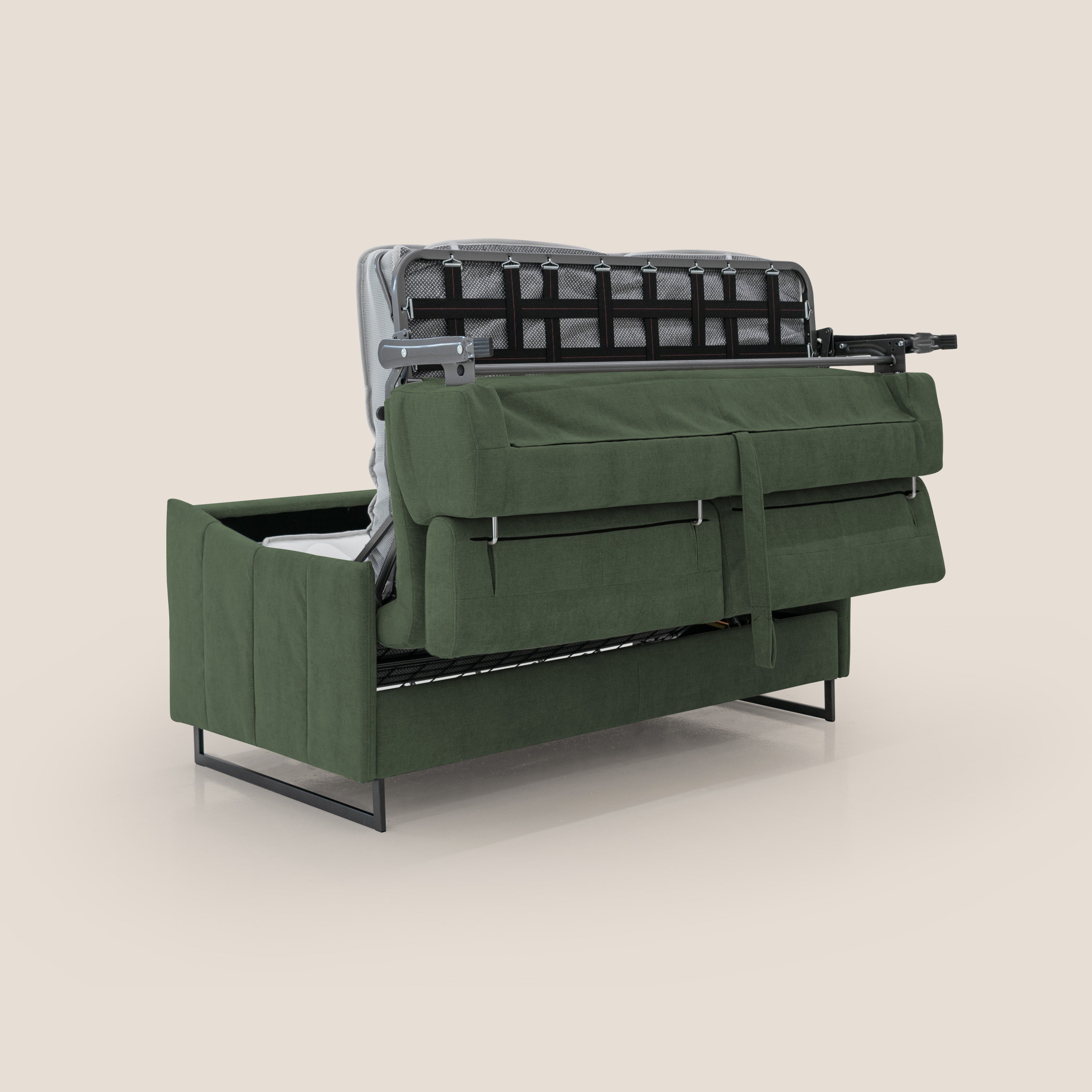 Loto divano letto salvaspazio materasso H18 cm con piedi alti in morbido tessuto impermeabile T14 verde - divani.store