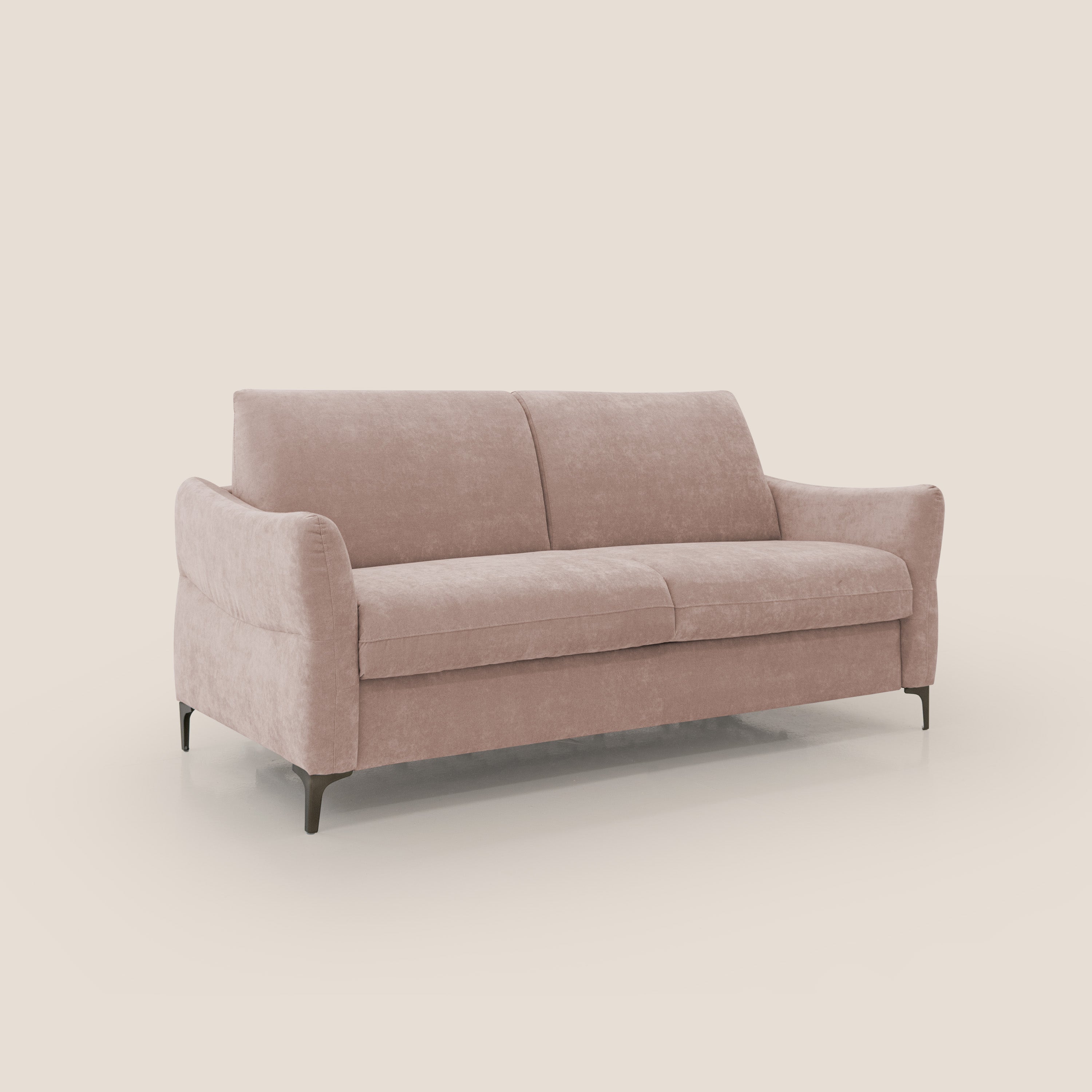 Dalia divano letto con materasso H18 cm e piedi alti in raffinato tessuto smacchiabile T17 rosa - divani.store