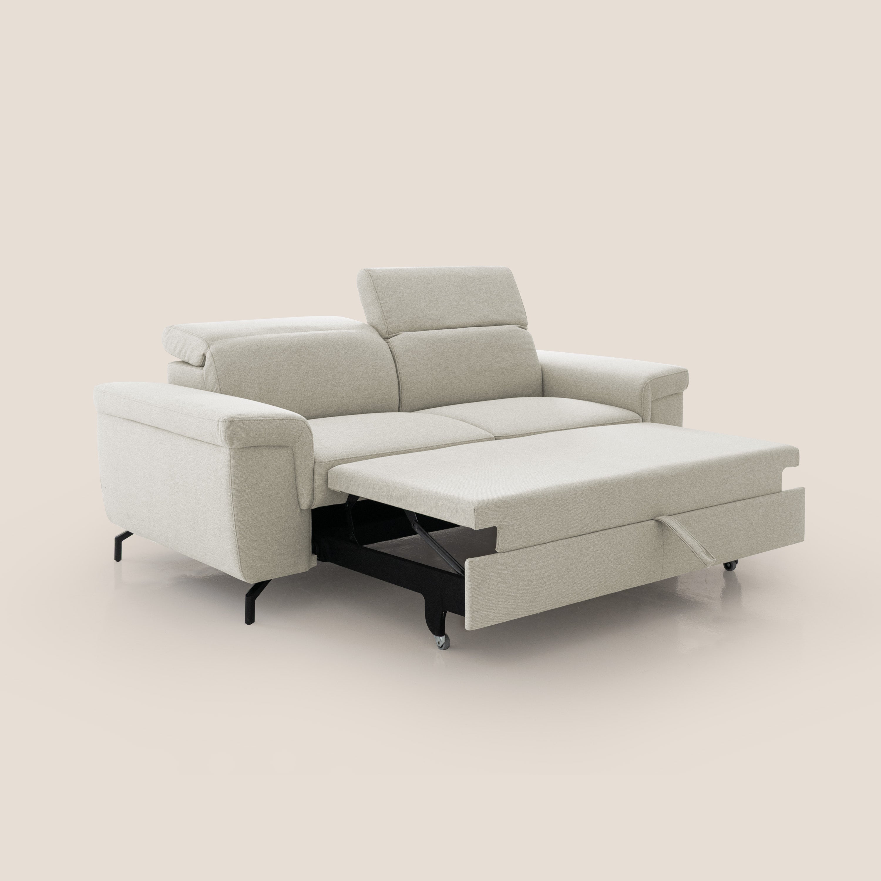 Aisha Divano con poggiapiedi estraibile piedini alti e poggiatesta reclinabili in tessuto Smacchiabile T05 panna - divani.store