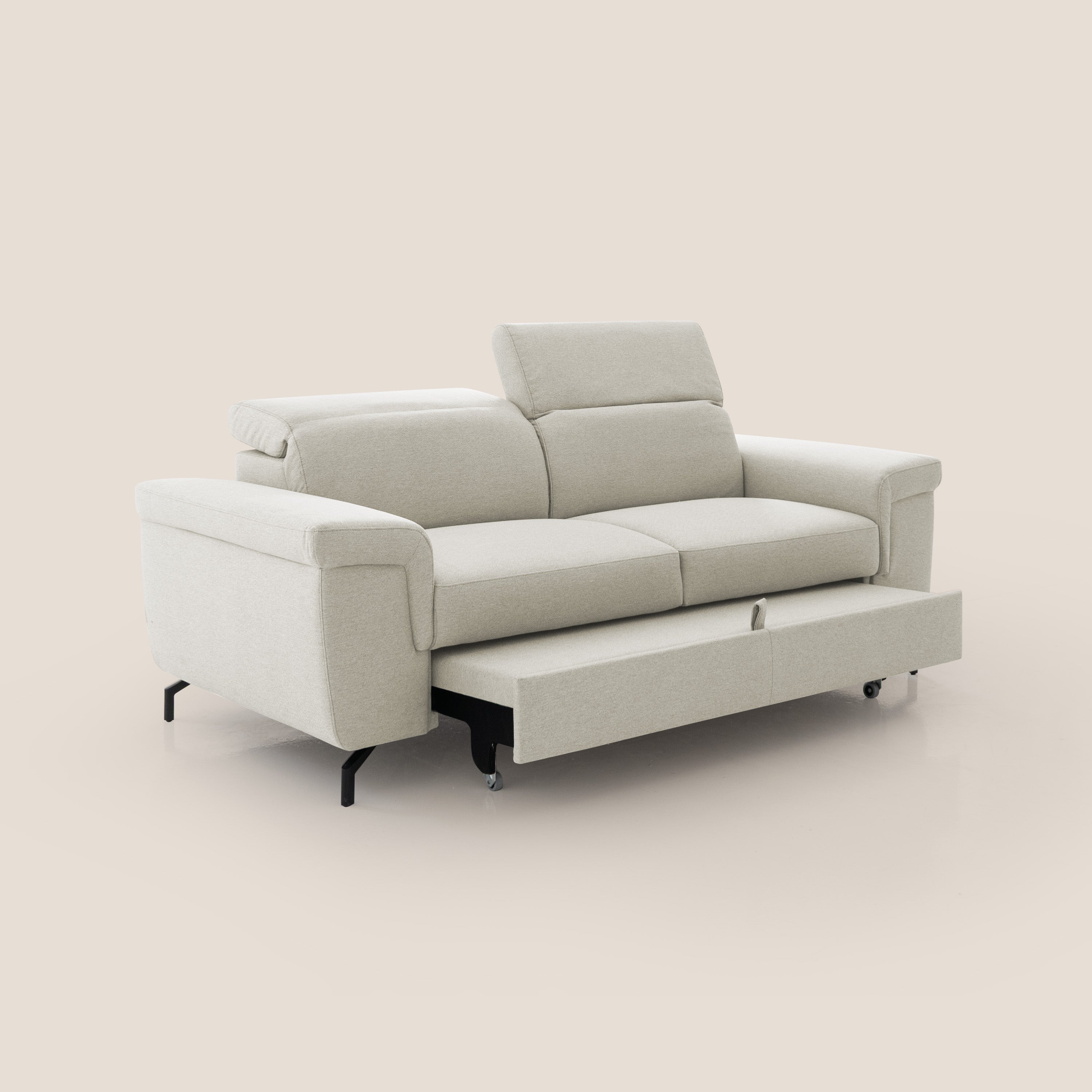 Aisha Divano con poggiapiedi estraibile piedini alti e poggiatesta reclinabili in tessuto Smacchiabile T05 panna - divani.store