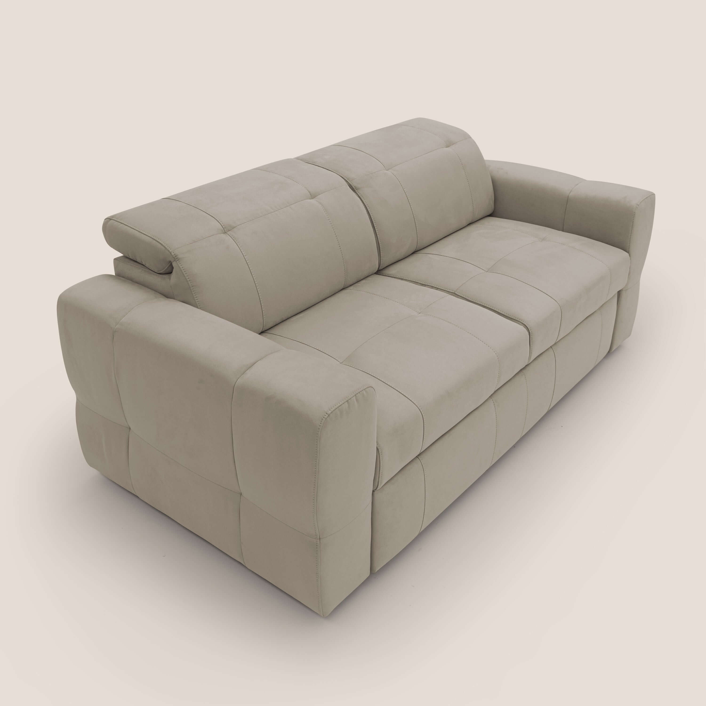 Kronos Divano con pouf estraibile poggiapiedi e poggiatesta reclinabili in morbida microfibra impermeabile T11 tortora - divani.store