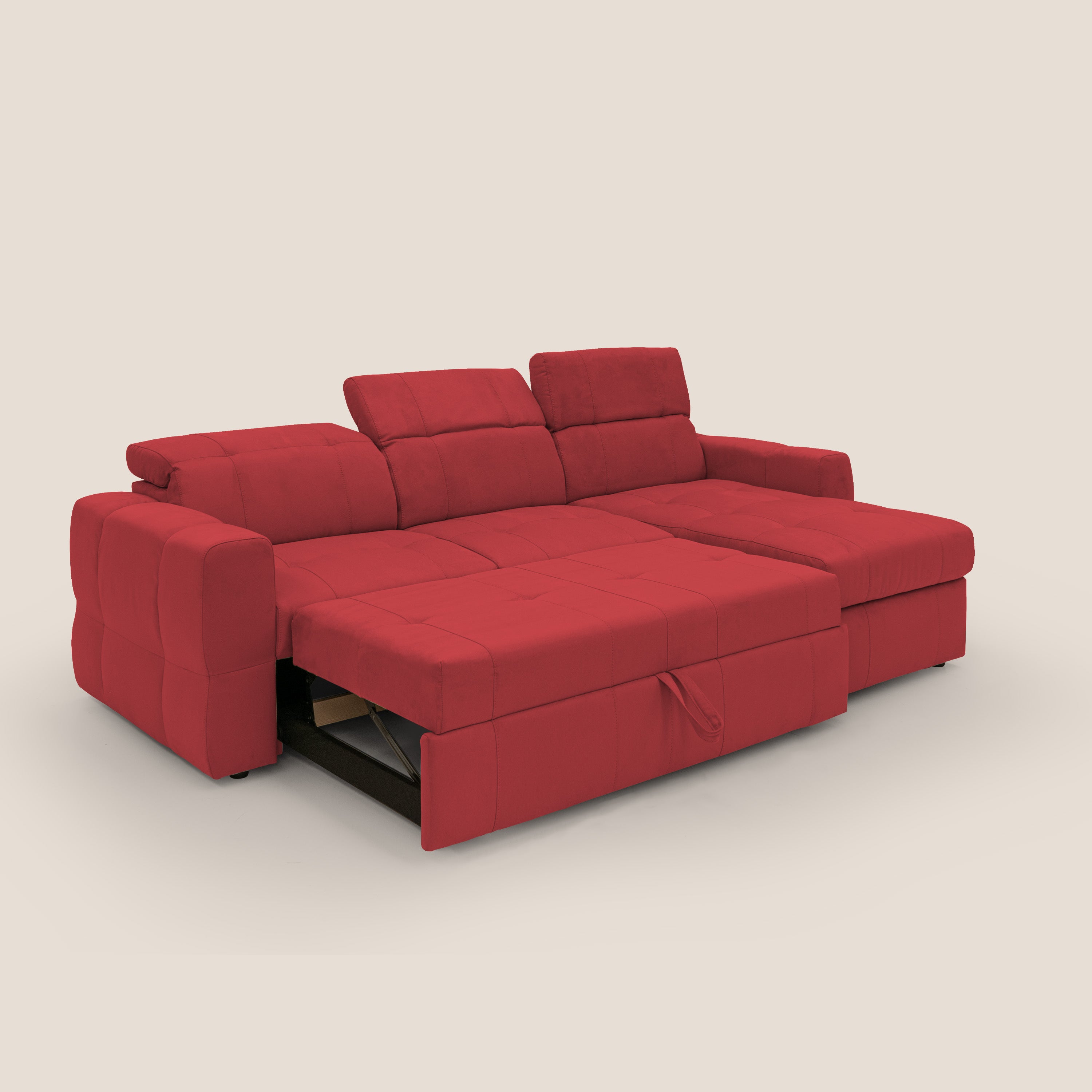 Kronos Divano angolare con pouf estraibile e penisola contenitore in microfibra impermeabile T11 rosso - divani.store