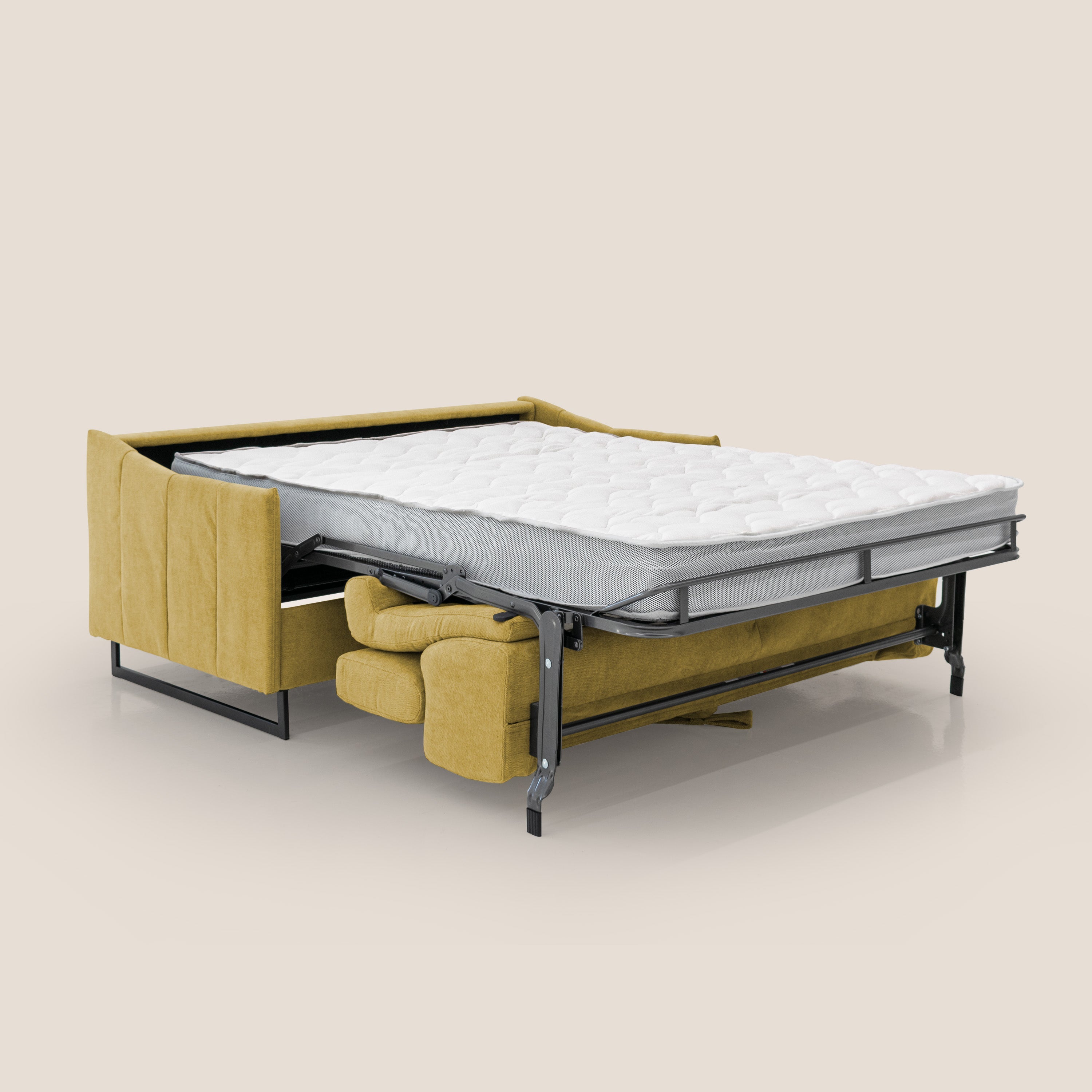 Loto divano letto salvaspazio materasso H18 cm con piedi alti in morbido tessuto impermeabile T14 giallo - divani.store