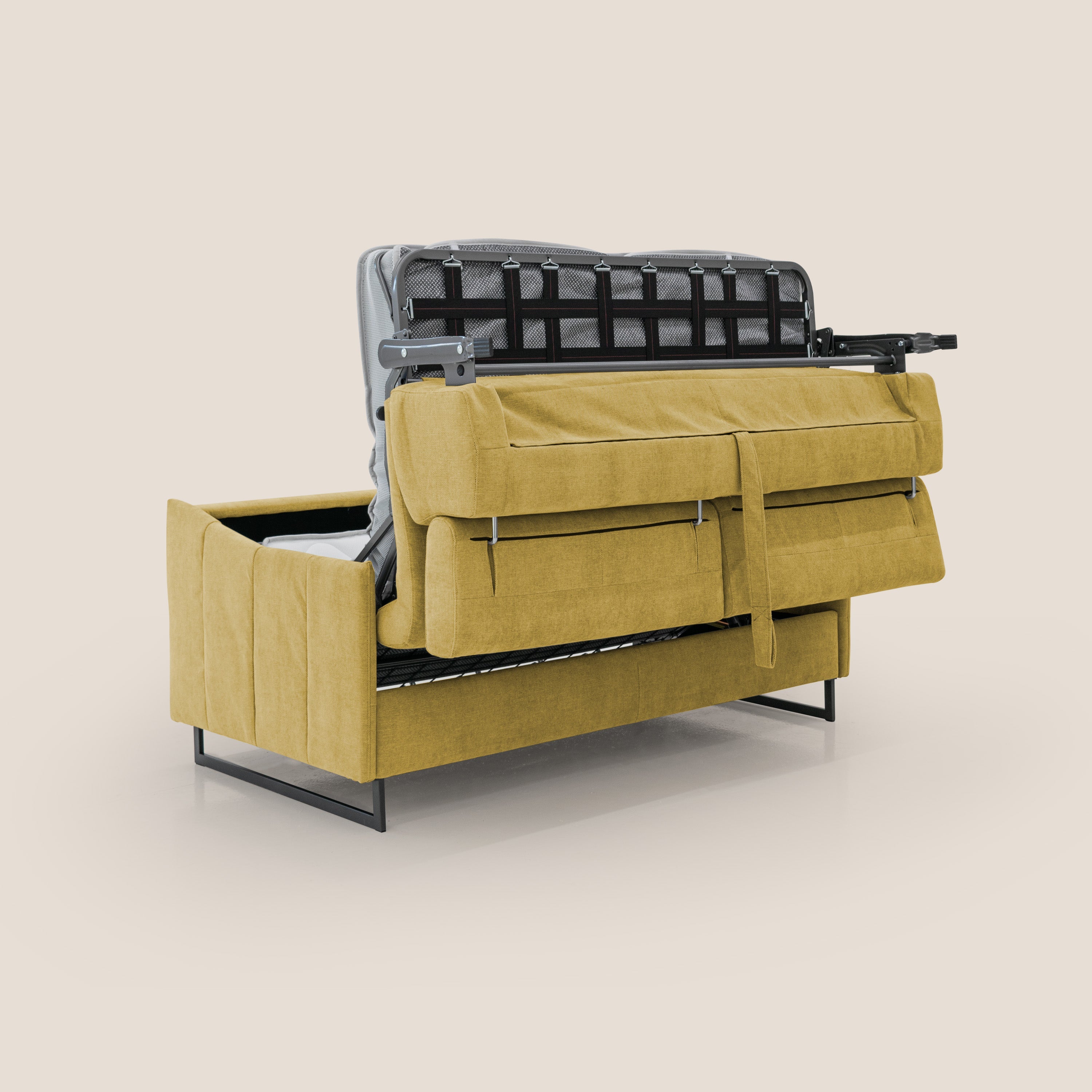 Loto divano letto salvaspazio materasso H18 cm con piedi alti in morbido tessuto impermeabile T14 giallo - divani.store