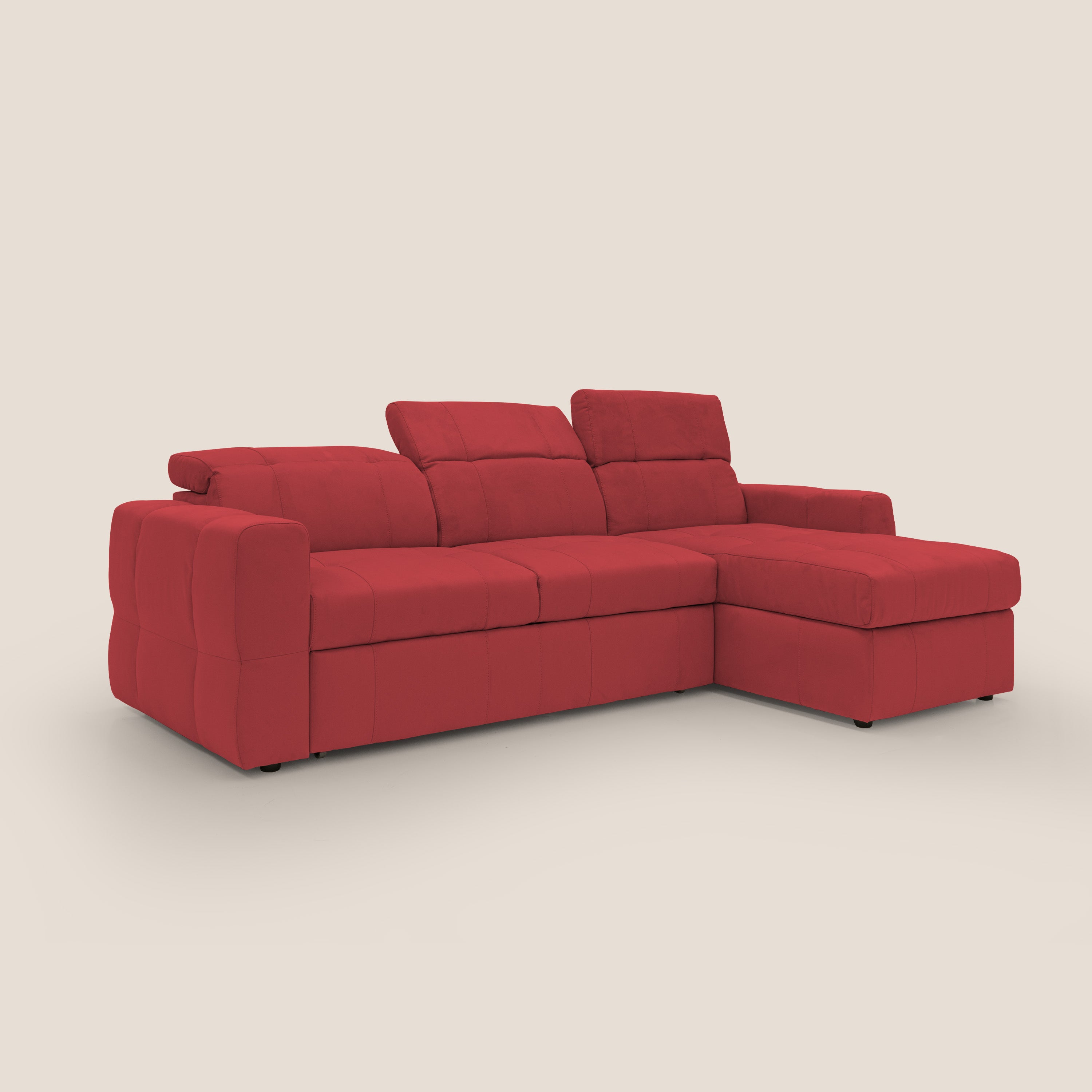 Kronos Divano angolare con pouf estraibile e penisola contenitore in microfibra impermeabile T11 rosso - divani.store