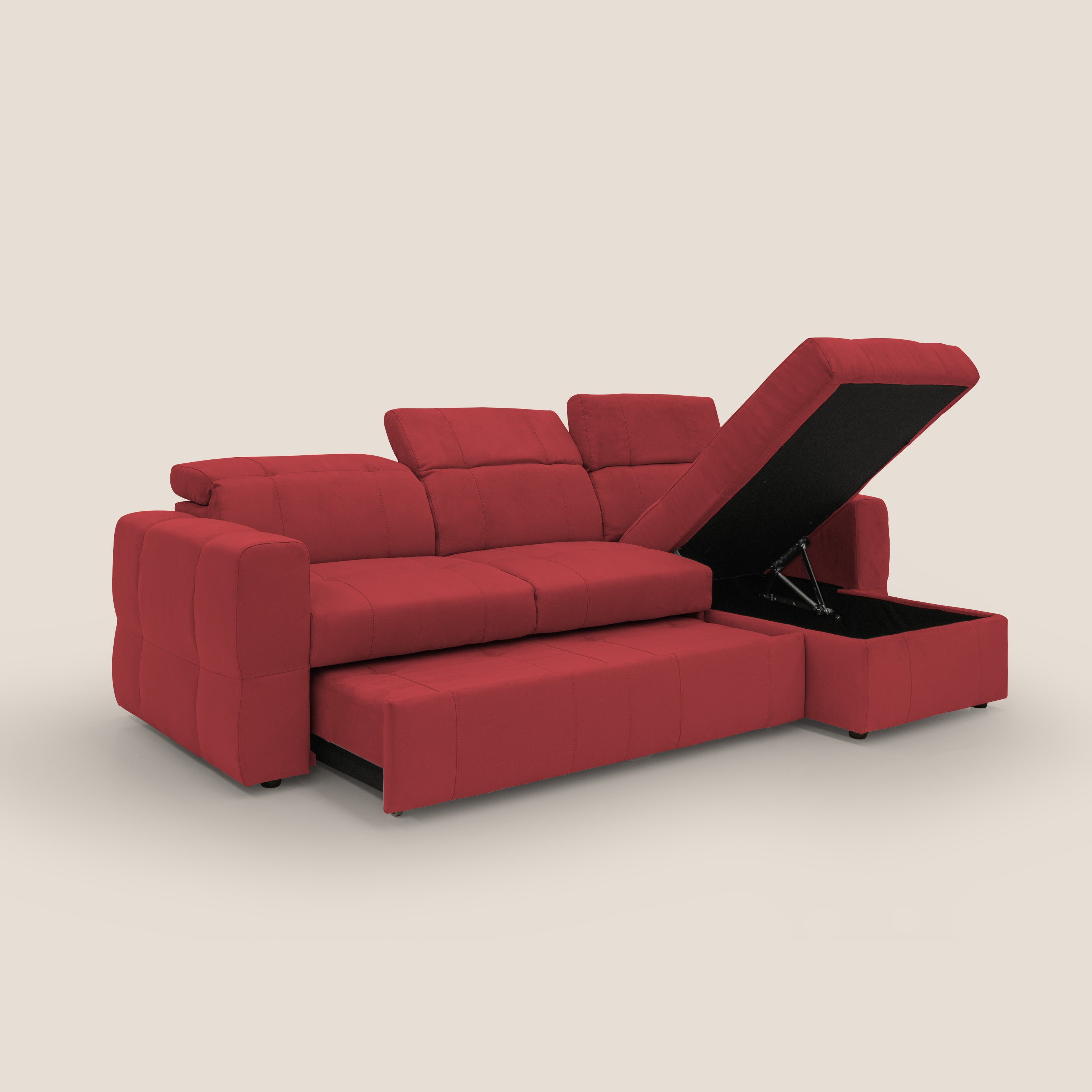 Kronos Divano angolare con pouf estraibile e penisola contenitore in microfibra impermeabile T11 rosso - divani.store