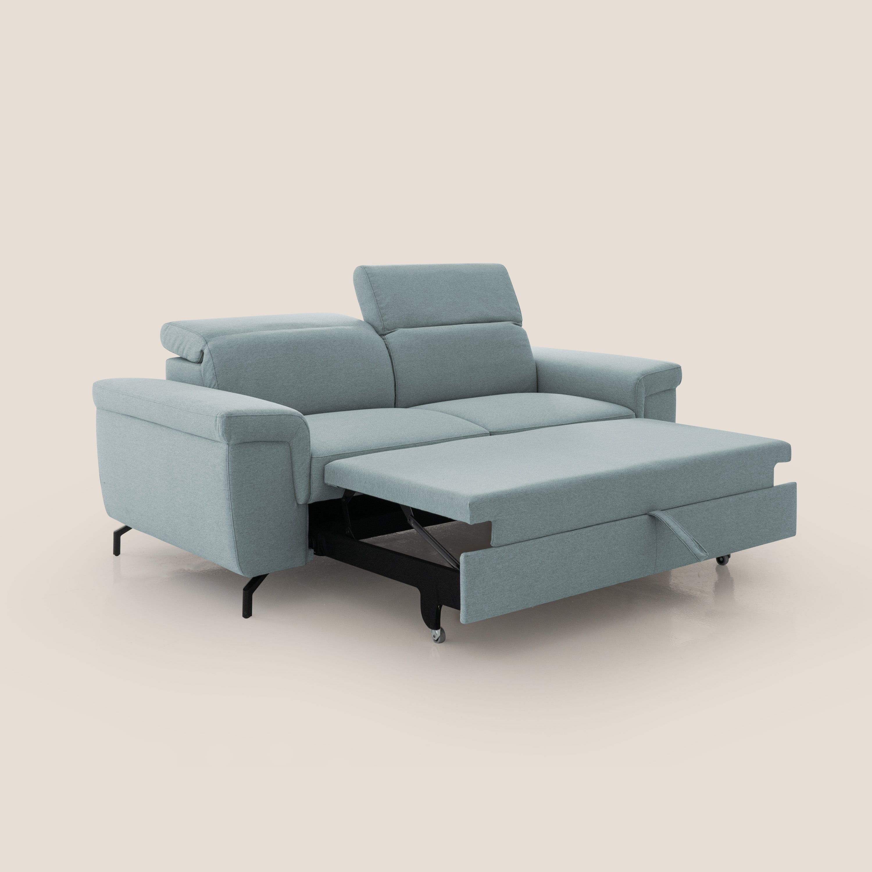 Aisha Divano con poggiapiedi estraibile piedini alti e poggiatesta reclinabili in tessuto Smacchiabile T05 carta da zucchero - divani.store