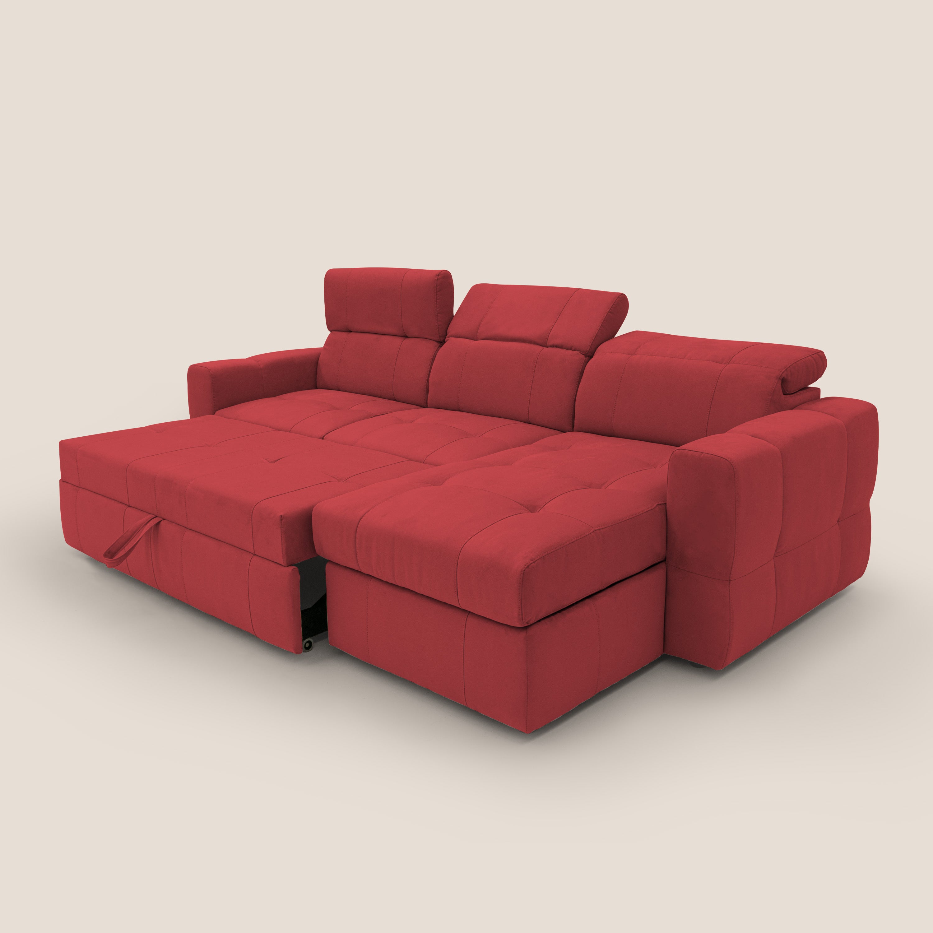 Kronos Divano angolare con pouf estraibile e penisola contenitore in microfibra impermeabile T11 rosso - divani.store