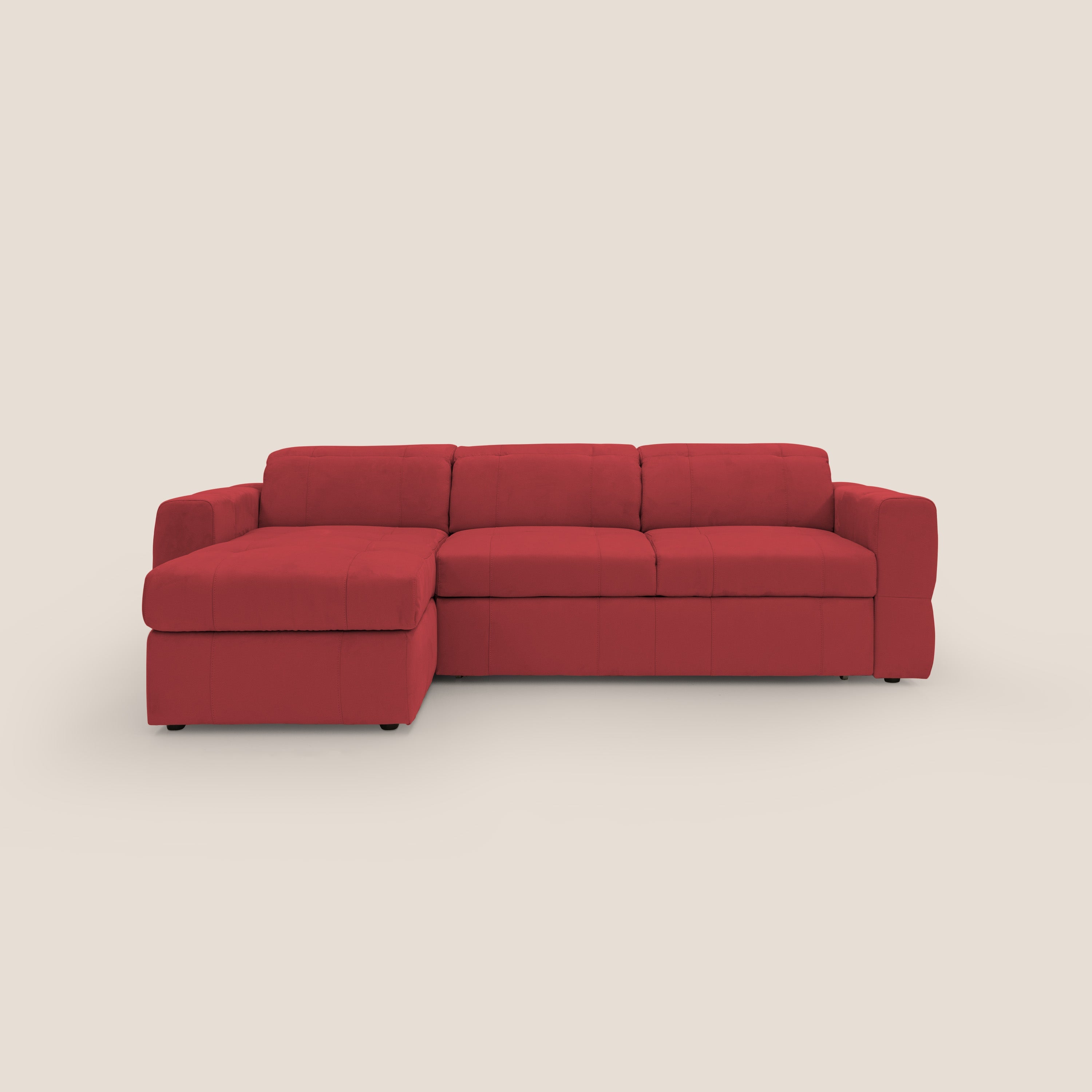 Kronos Divano angolare con pouf estraibile e penisola contenitore in microfibra impermeabile T11 rosso - divani.store
