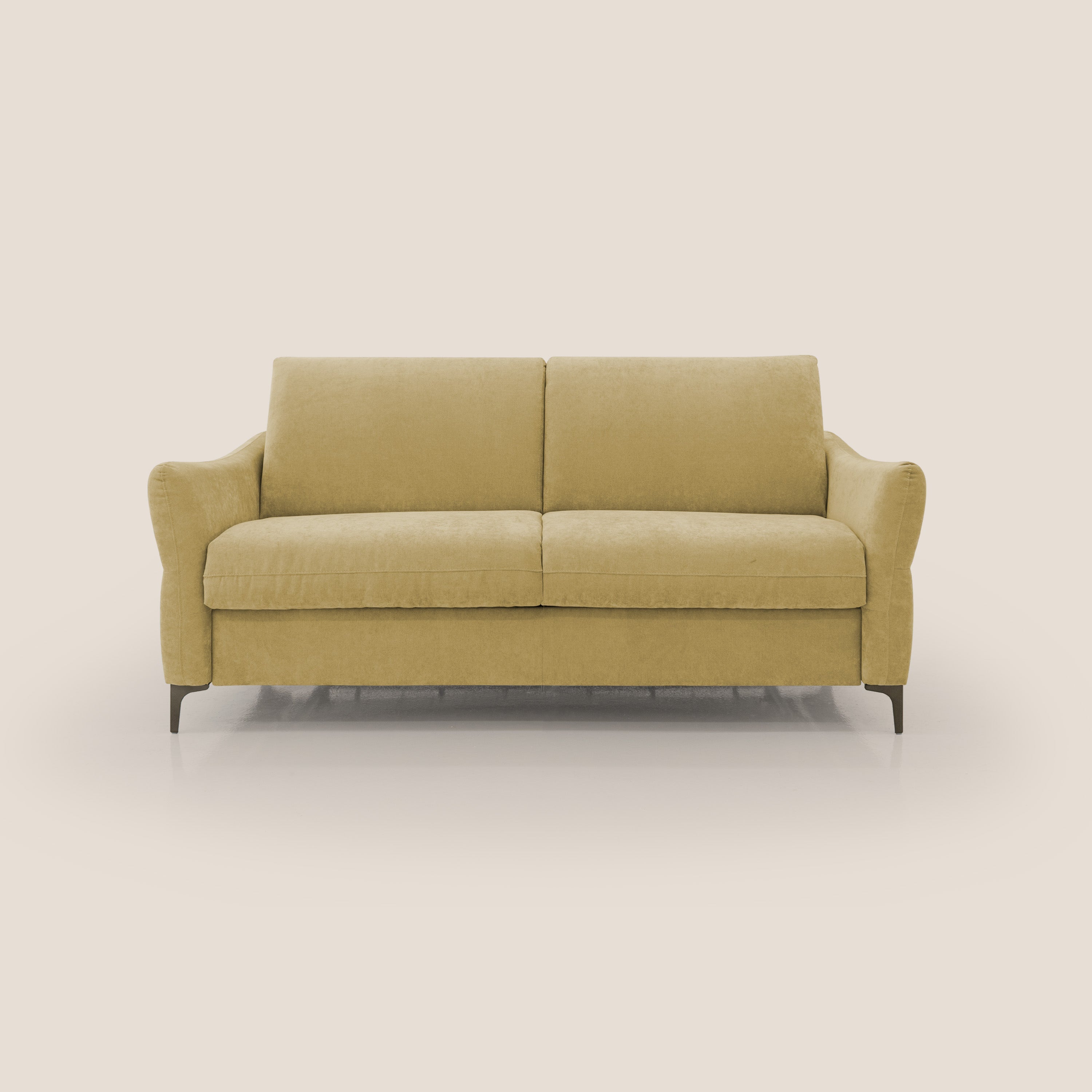 Dalia divano letto con materasso H18 cm e piedi alti in raffinato tessuto smacchiabile T17 giallo - divani.store