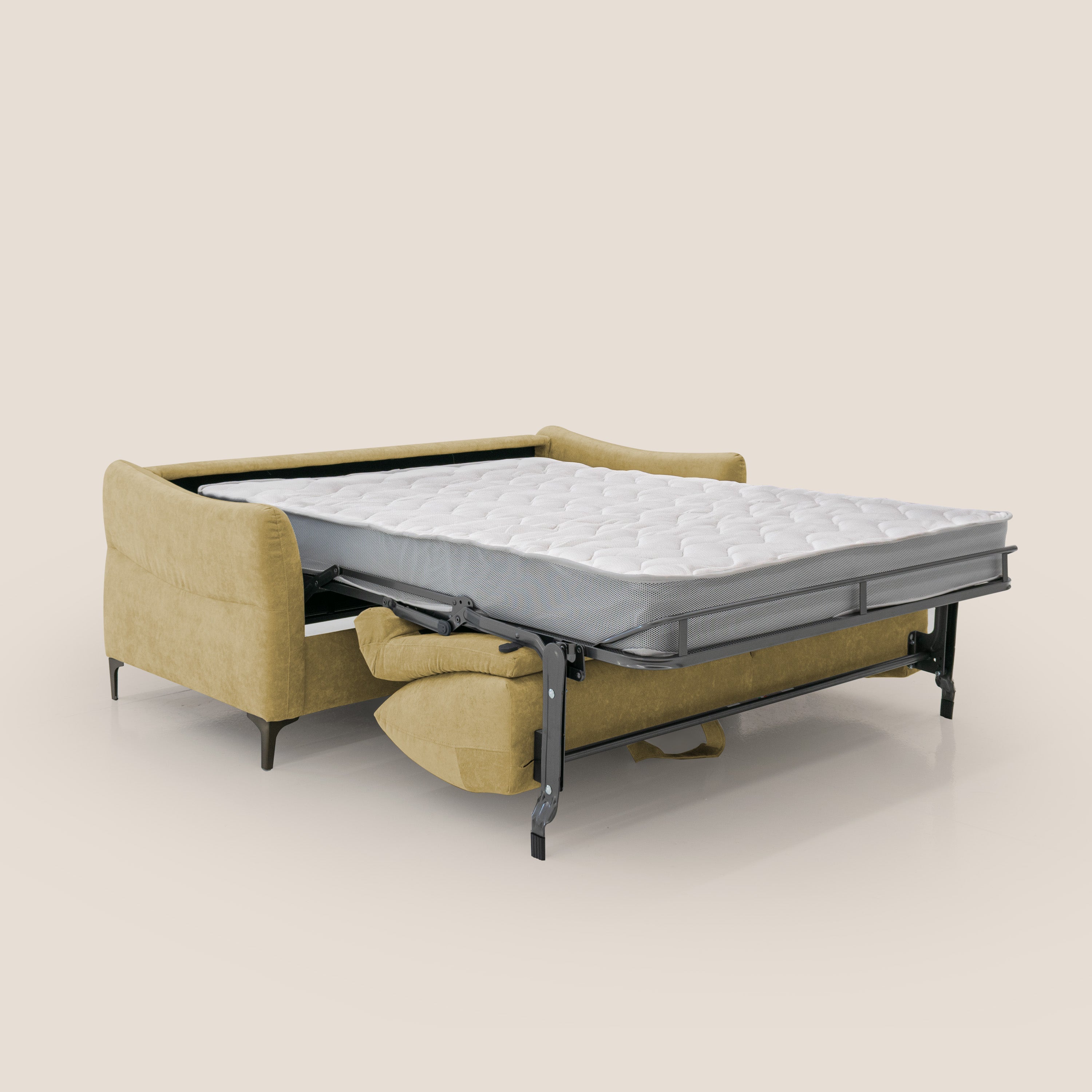 Dalia divano letto con materasso H18 cm e piedi alti in raffinato tessuto smacchiabile T17 giallo - divani.store