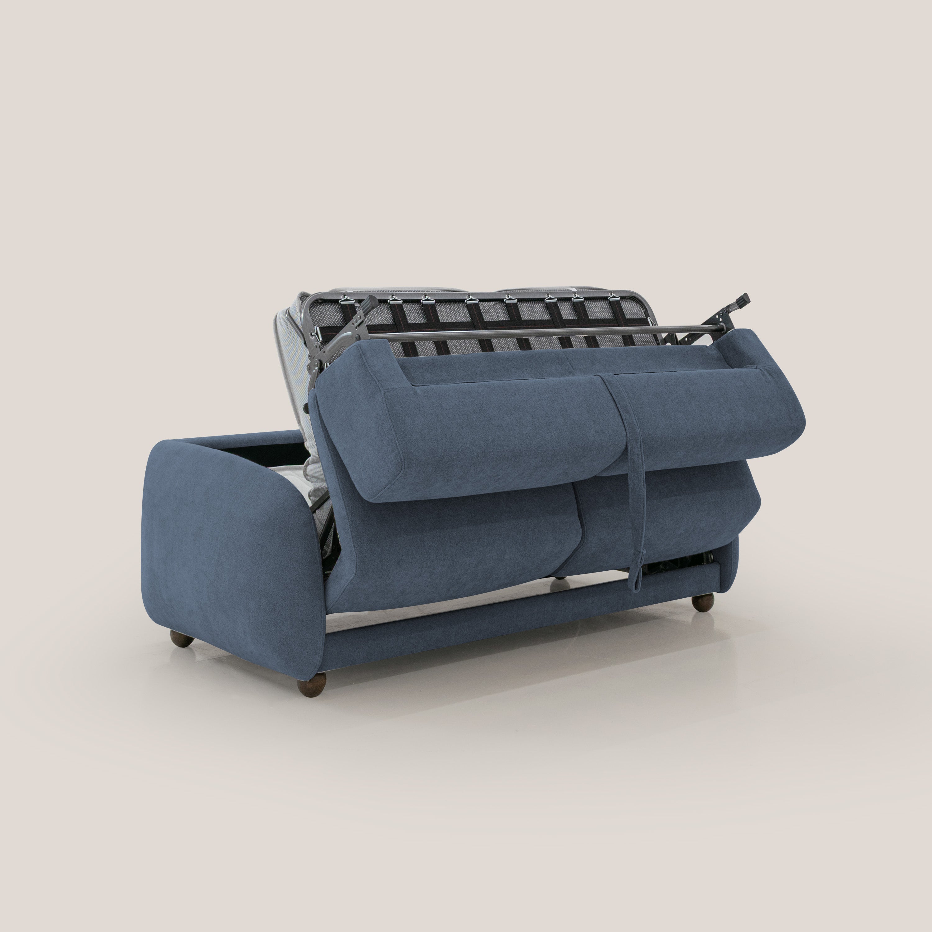 Giglio divano letto scandinavo japandi con materasso H18 cm in tessuto Bouclé impermeabile T07 blu - divani.store