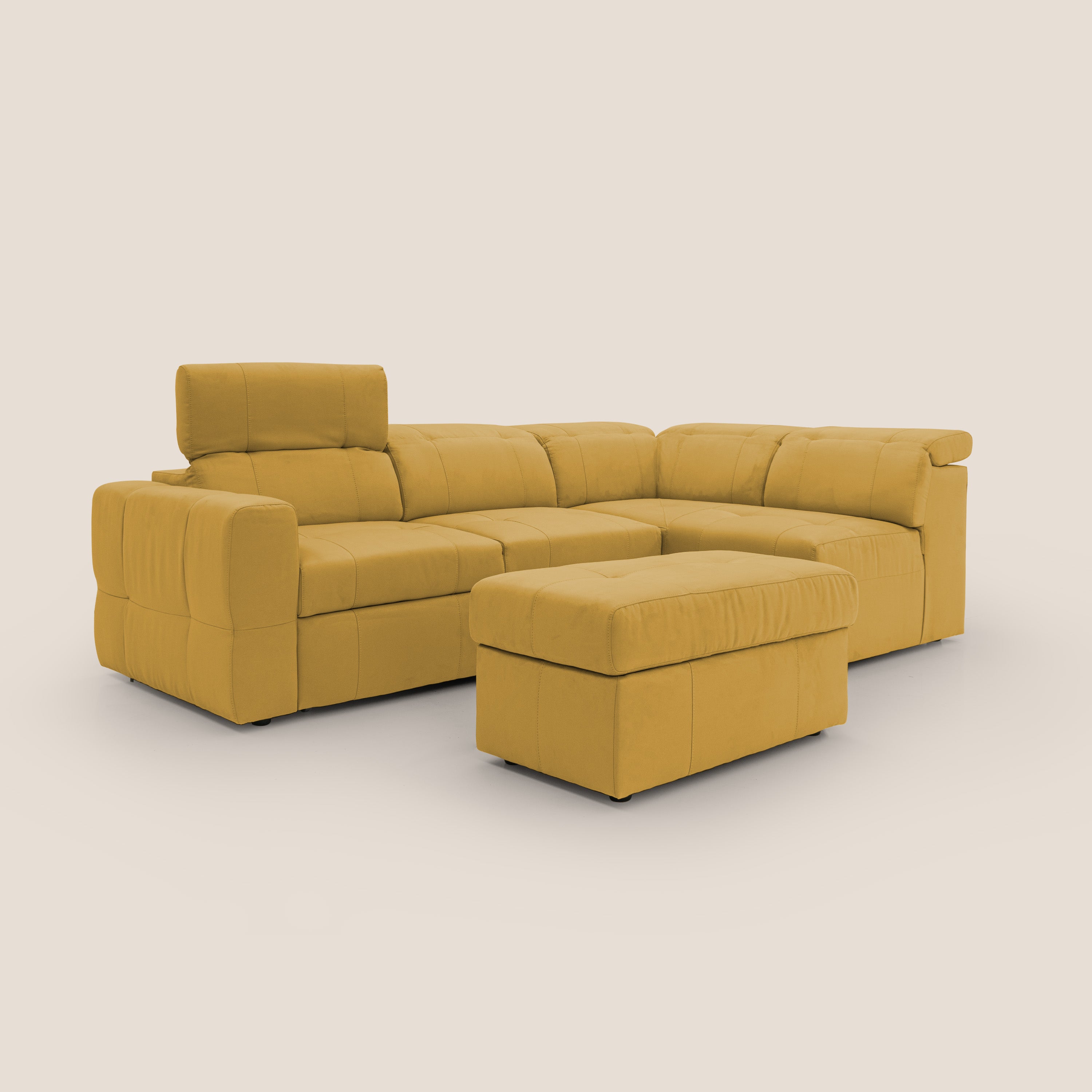Kronos Divano angolare con poggiapiedi estraibile e pouf contenitore mobile in microfibra impermeabile T11 giallo - divani.store