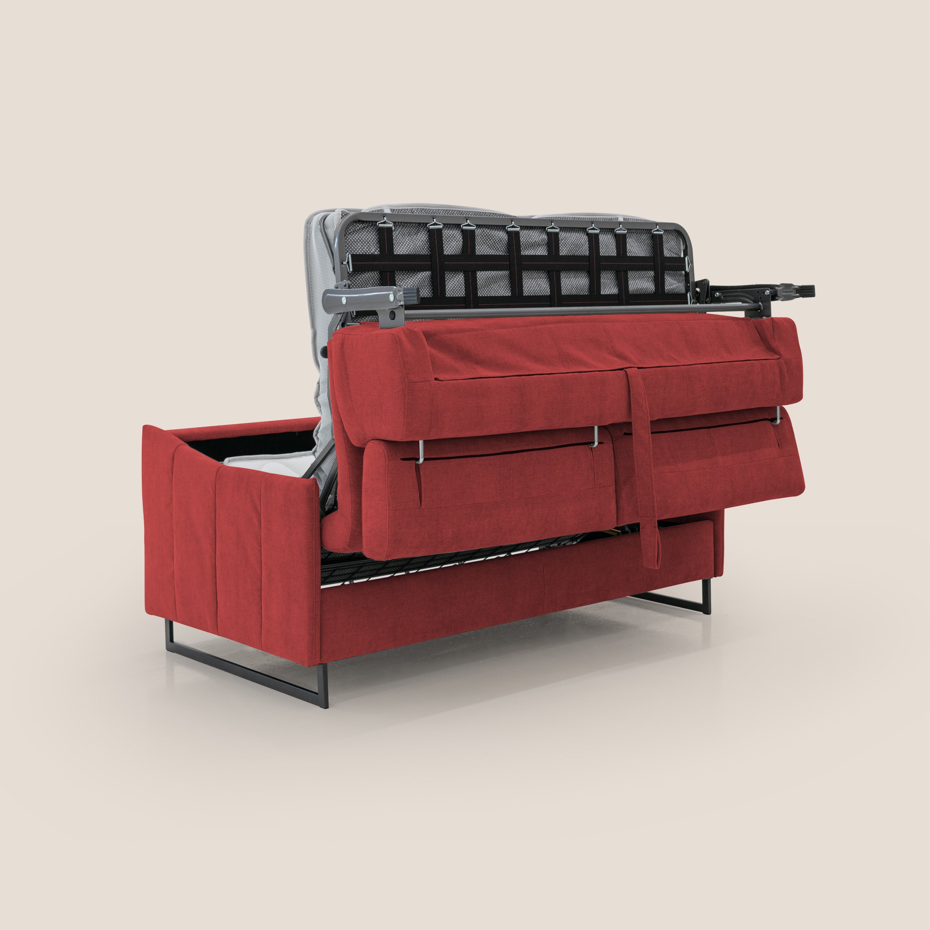 Loto divano letto salvaspazio materasso H18 cm con piedi alti in morbido tessuto impermeabile T14 rosso - divani.store