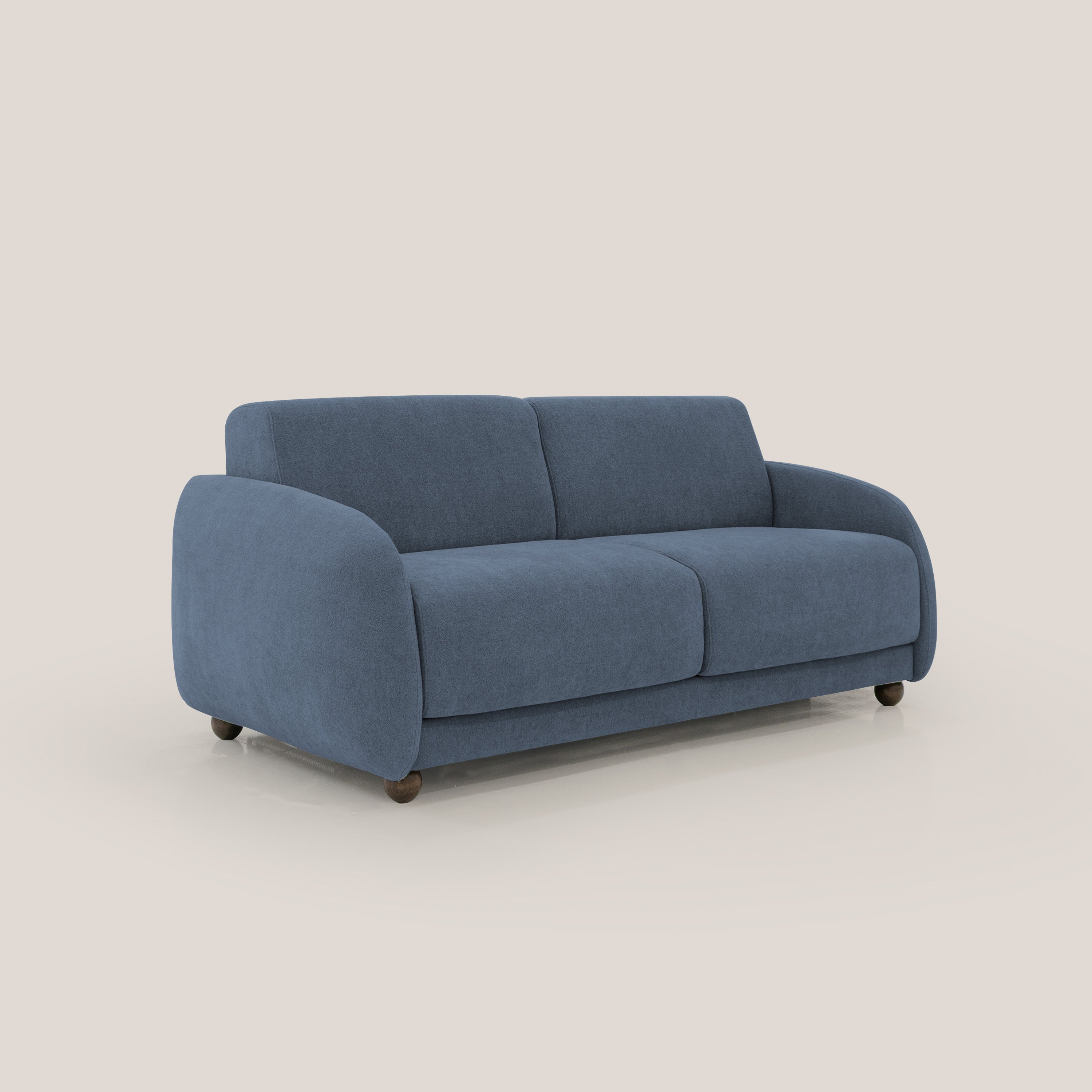 Giglio divano letto scandinavo japandi con materasso H18 cm in tessuto Bouclé impermeabile T07 blu - divani.store