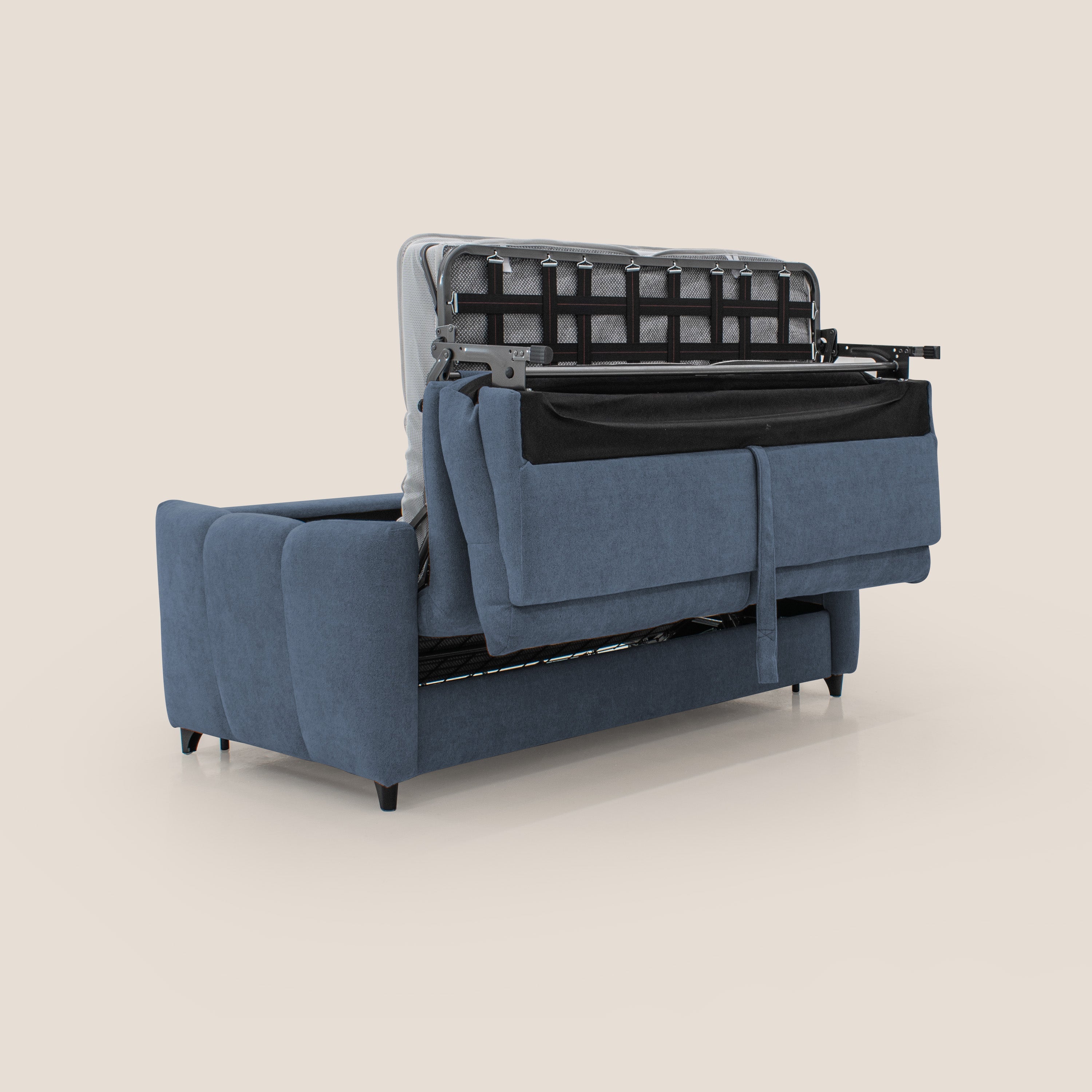 Peonia divano letto scandinavo con materasso H18 cm e morbido e alto schienale in tessuto Bouclé impermeabile T07 blu - divani.store