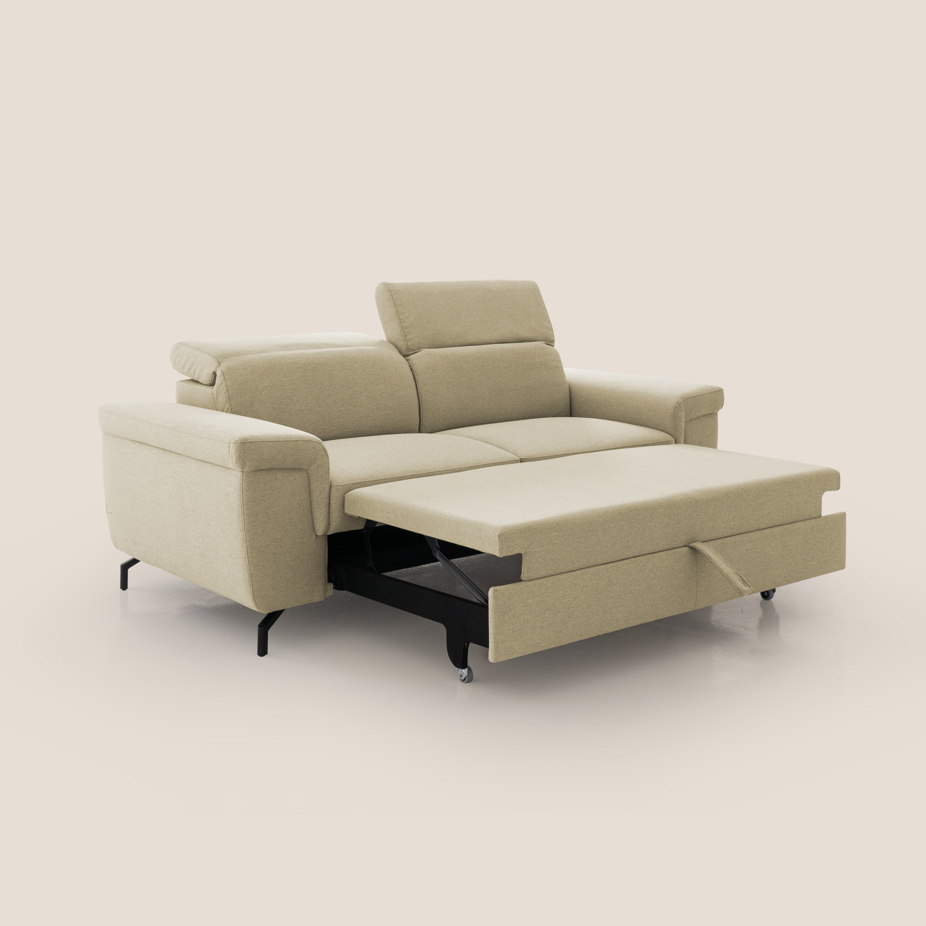 Aisha Divano con poggiapiedi estraibile piedini alti e poggiatesta reclinabili in tessuto Smacchiabile T05 cammello - divani.store