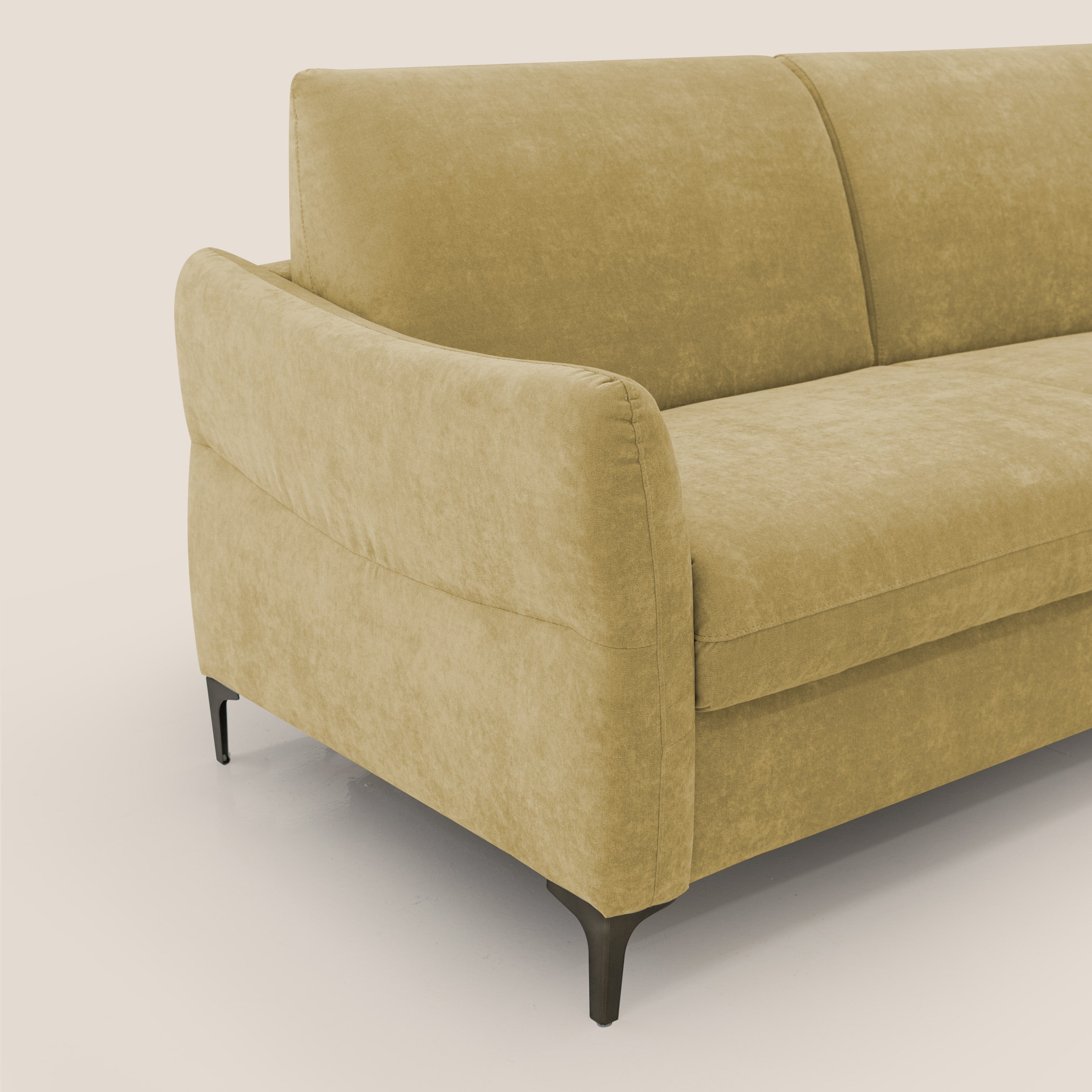 Dalia divano letto con materasso H18 cm e piedi alti in raffinato tessuto smacchiabile T17 giallo - divani.store