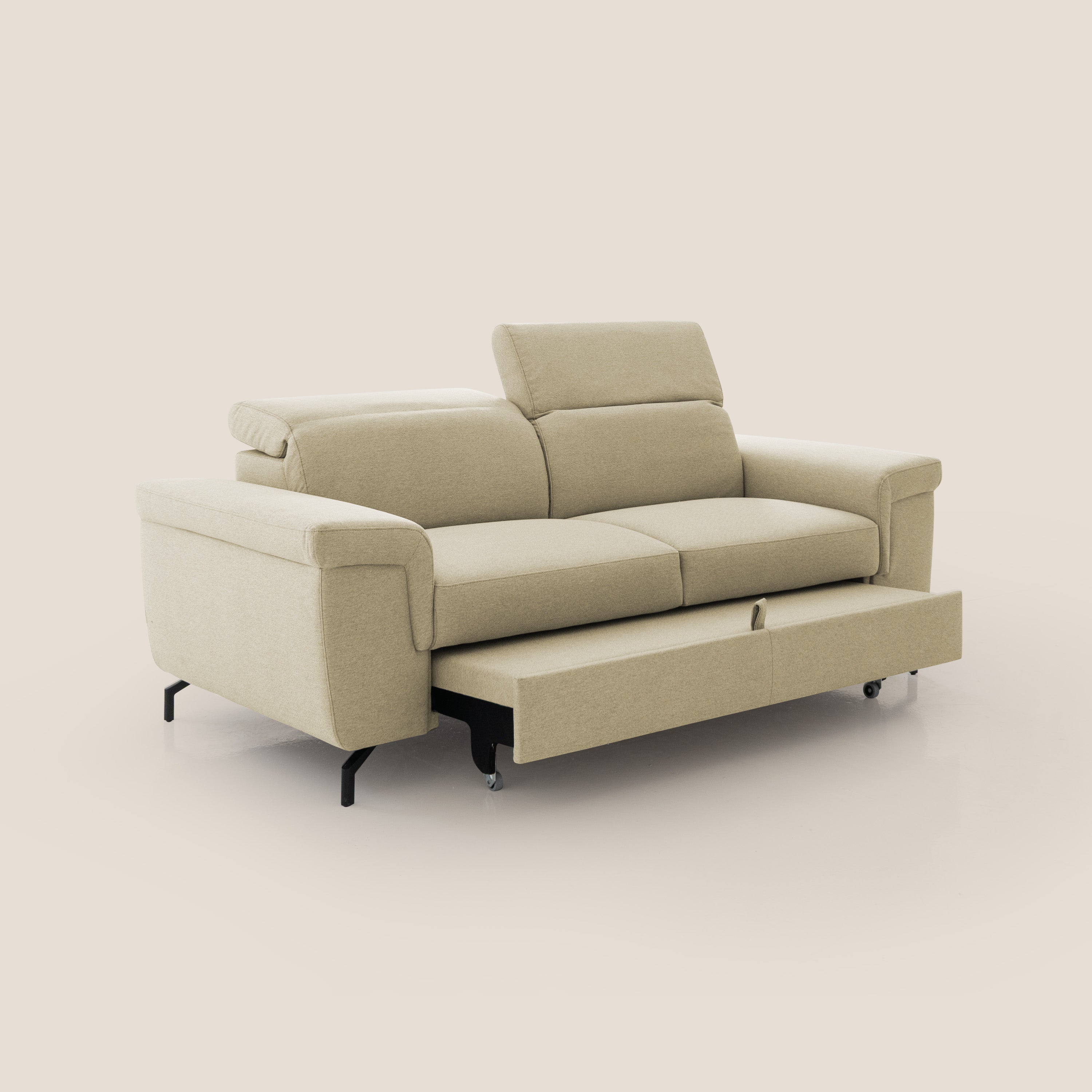 Aisha Divano con poggiapiedi estraibile piedini alti e poggiatesta reclinabili in tessuto Smacchiabile T05 cammello - divani.store