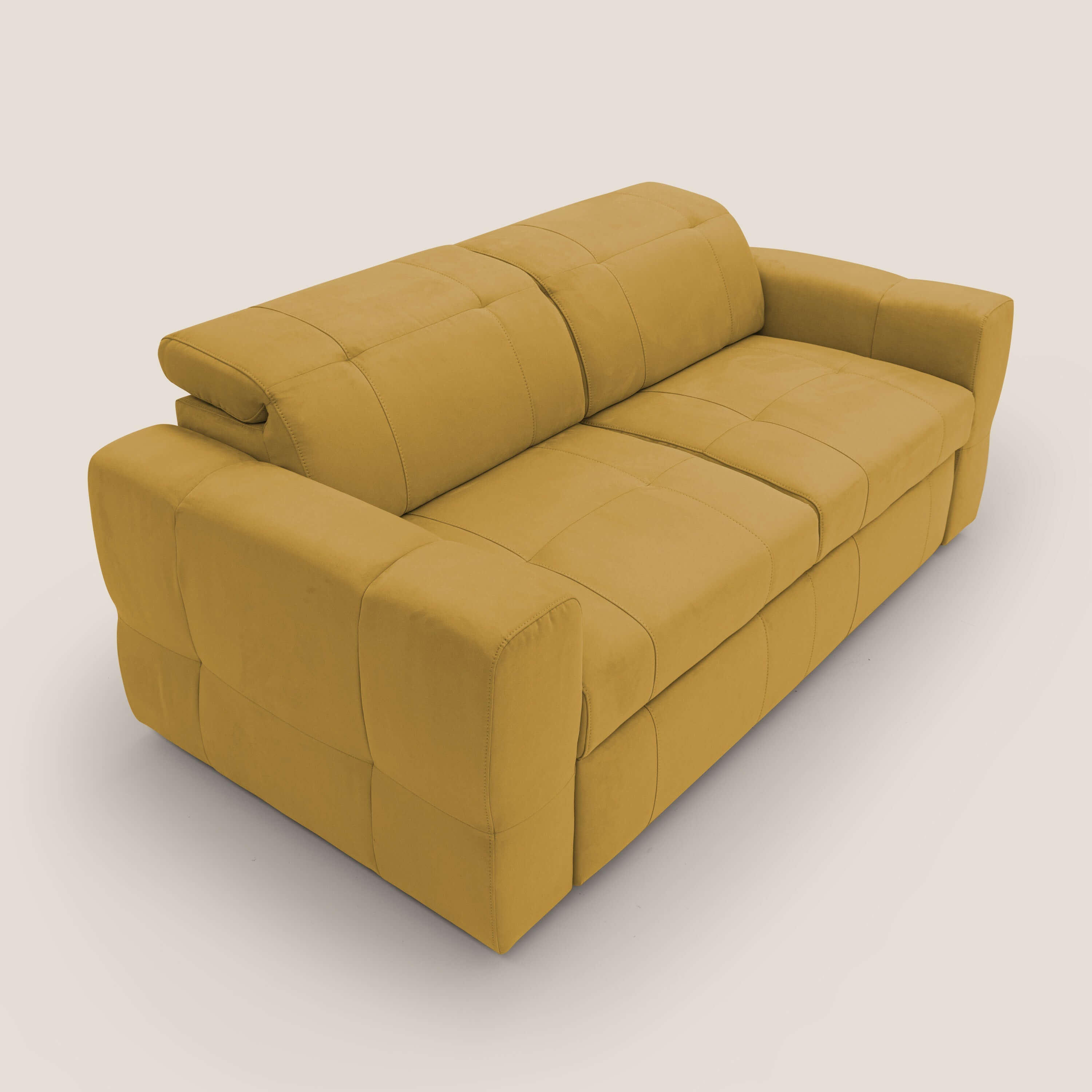 Kronos Divano con pouf estraibile poggiapiedi e poggiatesta reclinabili in morbida microfibra impermeabile T11 giallo - divani.store