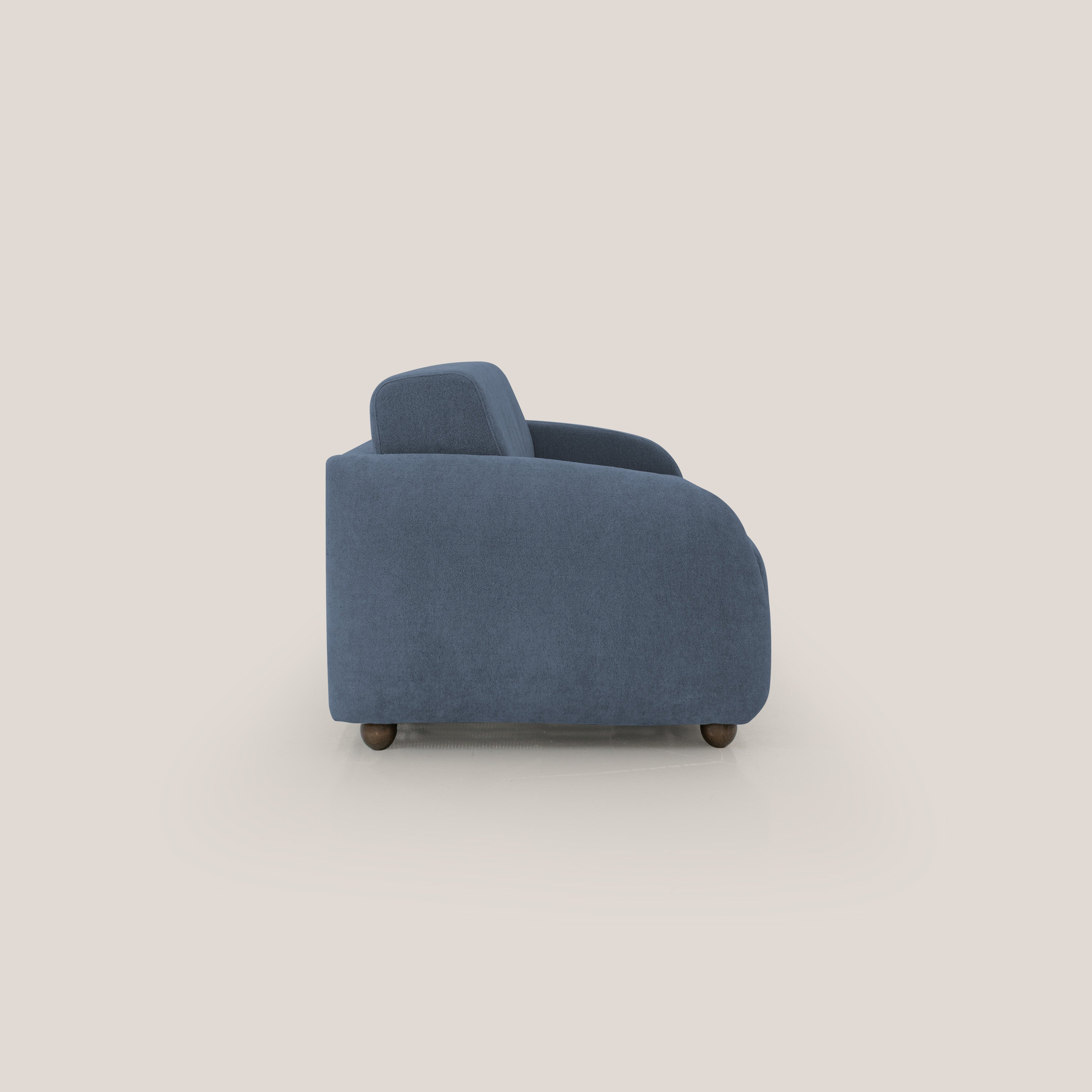 Giglio divano letto scandinavo japandi con materasso H18 cm in tessuto Bouclé impermeabile T07 blu - divani.store