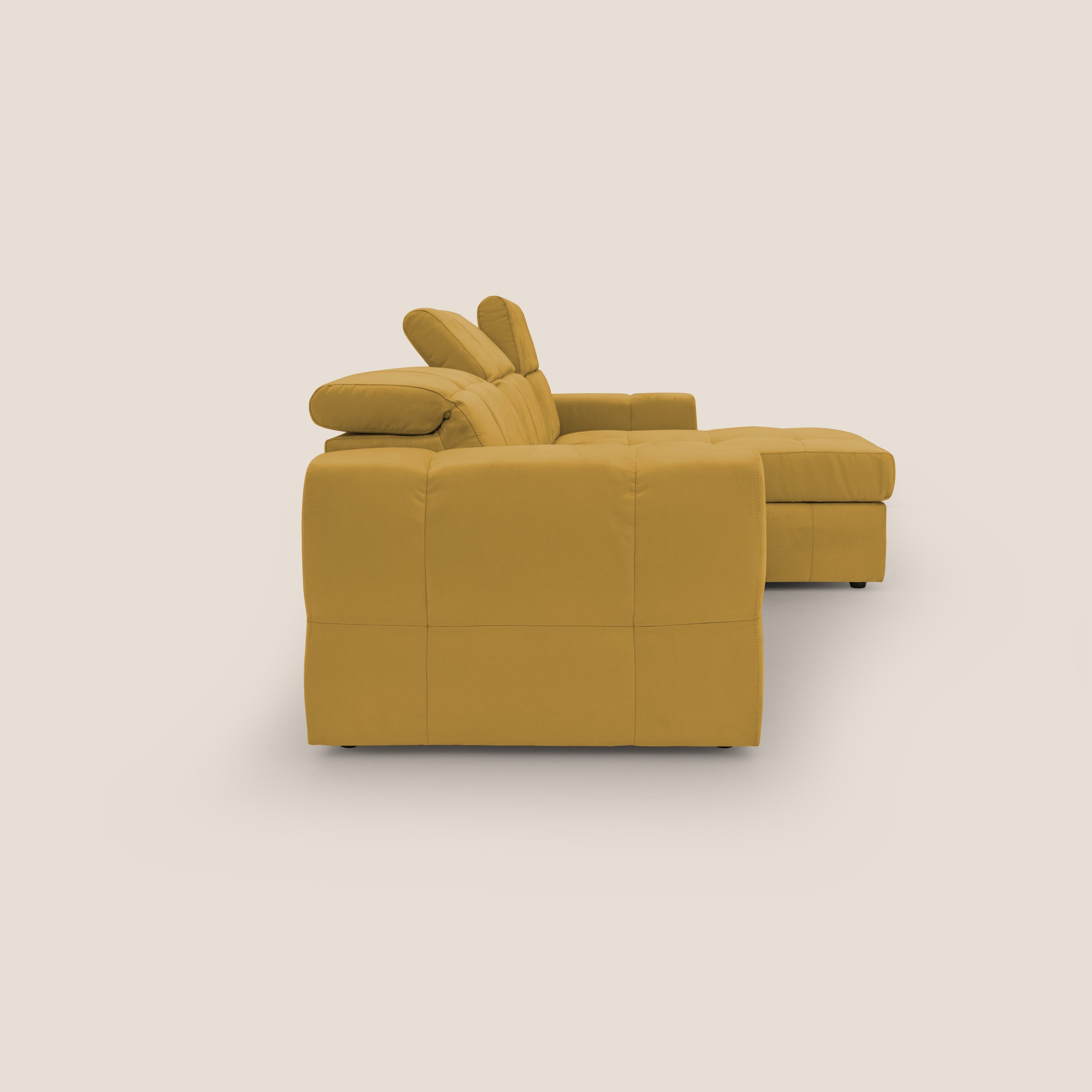 Kronos Divano angolare con pouf estraibile e penisola contenitore in microfibra impermeabile T11 giallo - divani.store