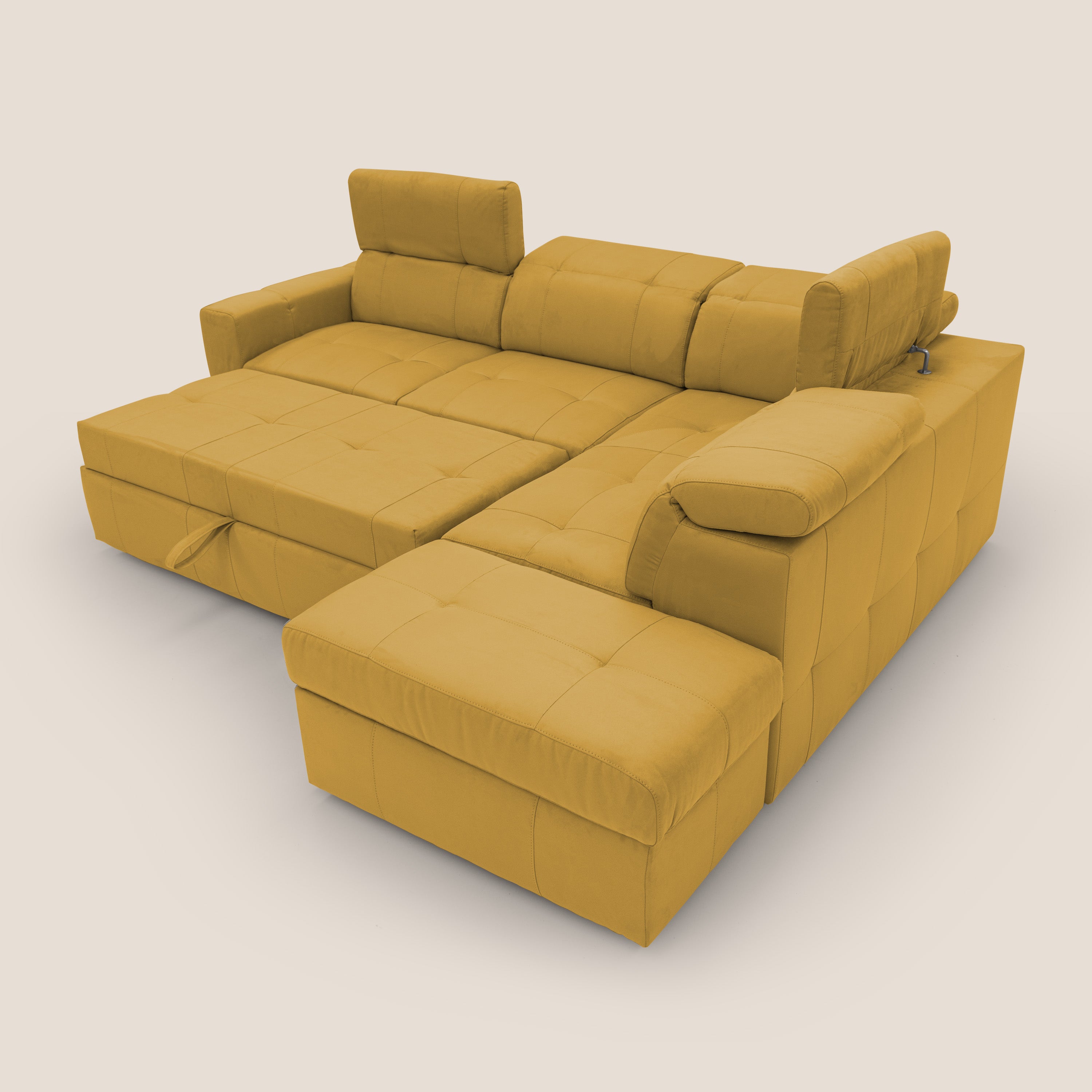 Kronos Divano angolare con poggiapiedi estraibile e pouf contenitore mobile in microfibra impermeabile T11 giallo - divani.store