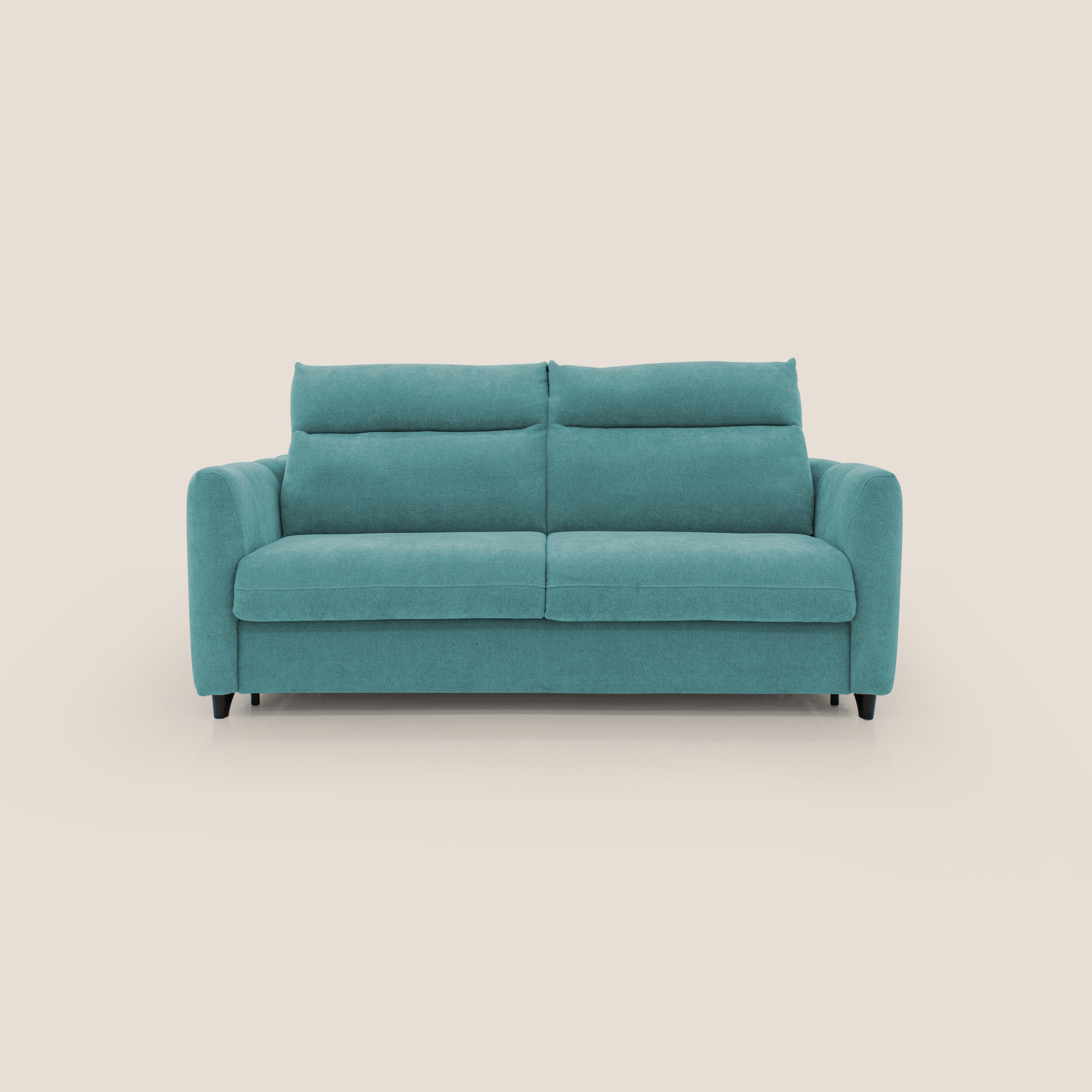 Peonia divano letto scandinavo con materasso H18 cm e morbido e alto schienale in tessuto Bouclé impermeabile T07 azzurro - divani.store