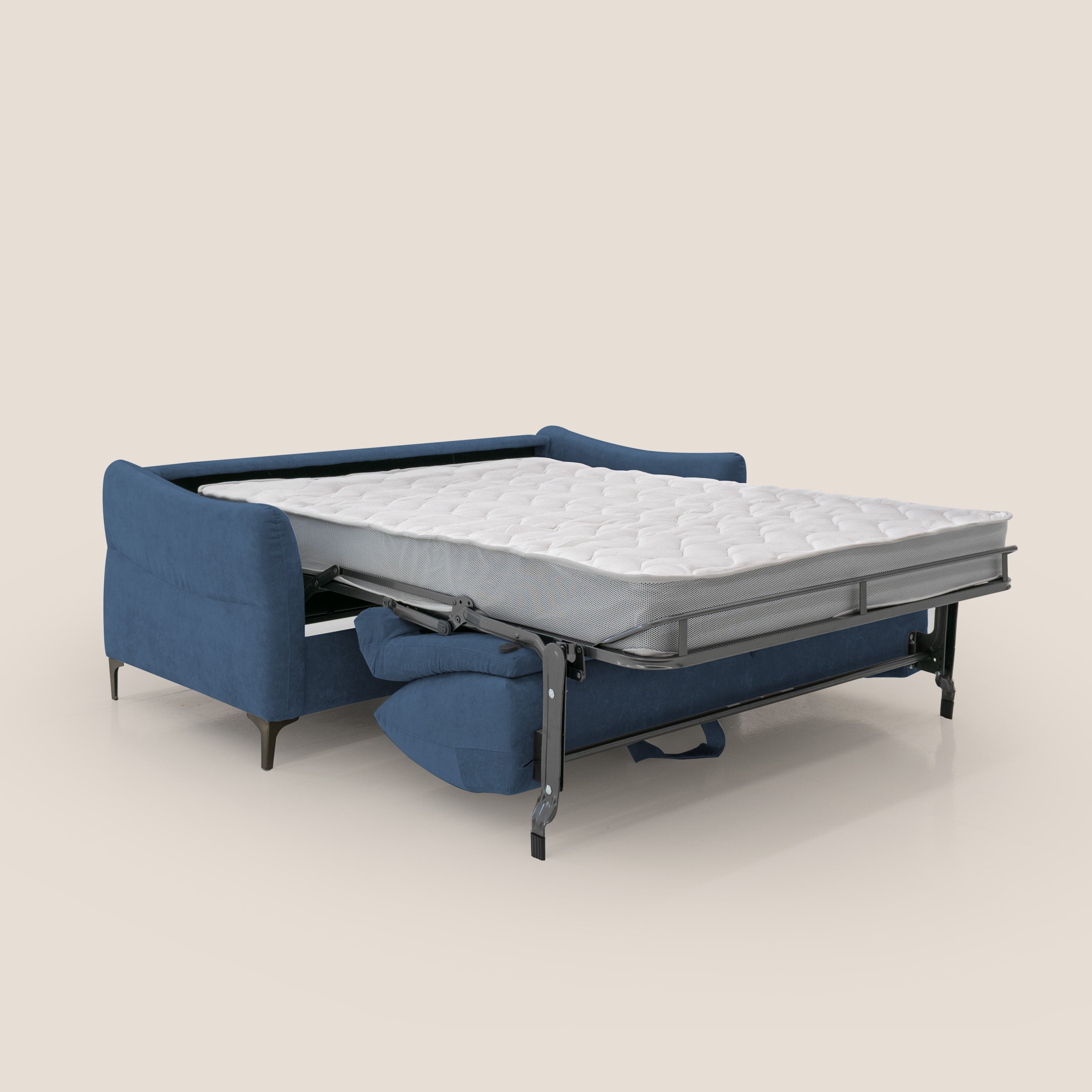 Dalia divano letto con materasso H18 cm e piedi alti in raffinato tessuto smacchiabile T17 blu - divani.store