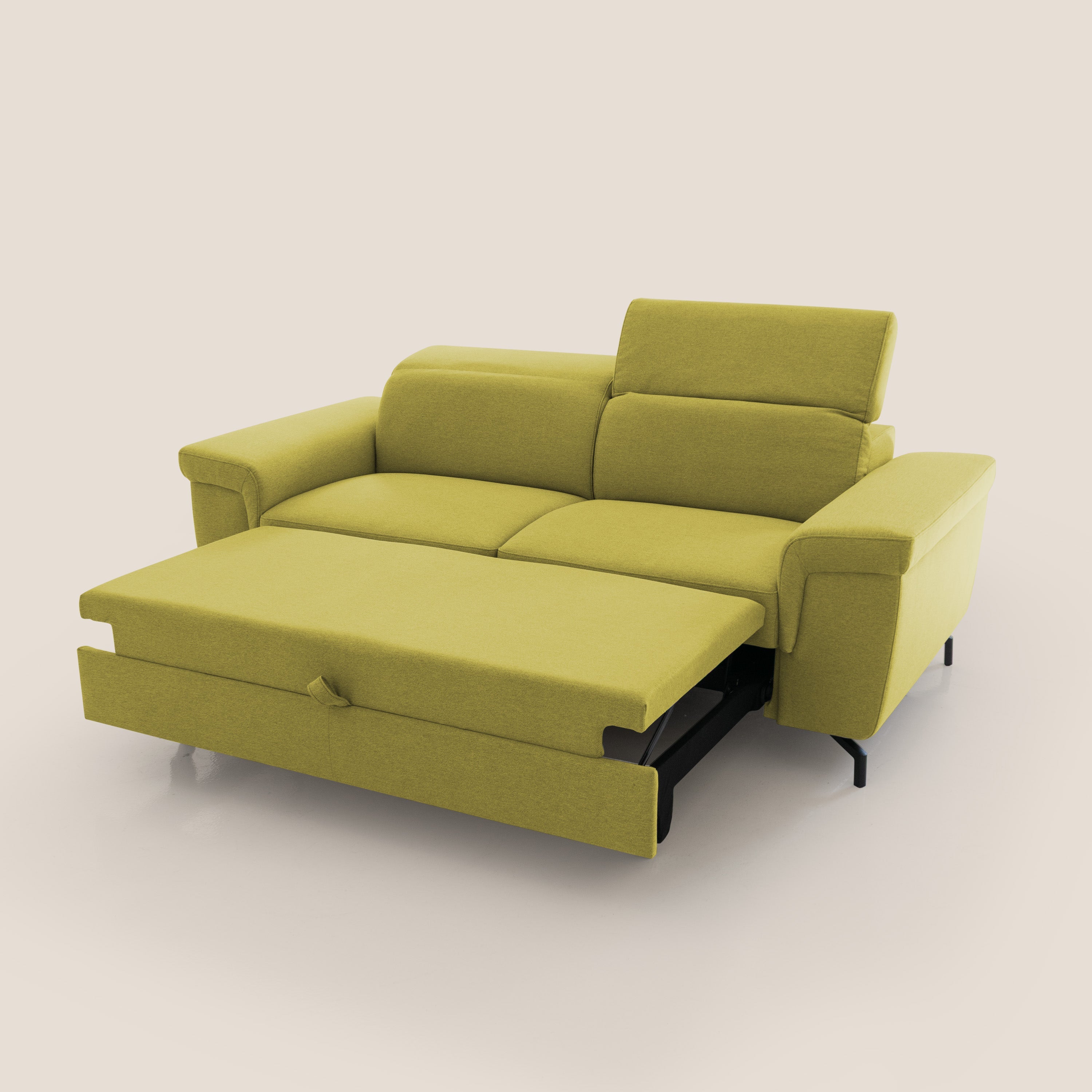 Aisha Divano con poggiapiedi estraibile piedini alti e poggiatesta reclinabili in tessuto Smacchiabile T05 giallo - divani.store