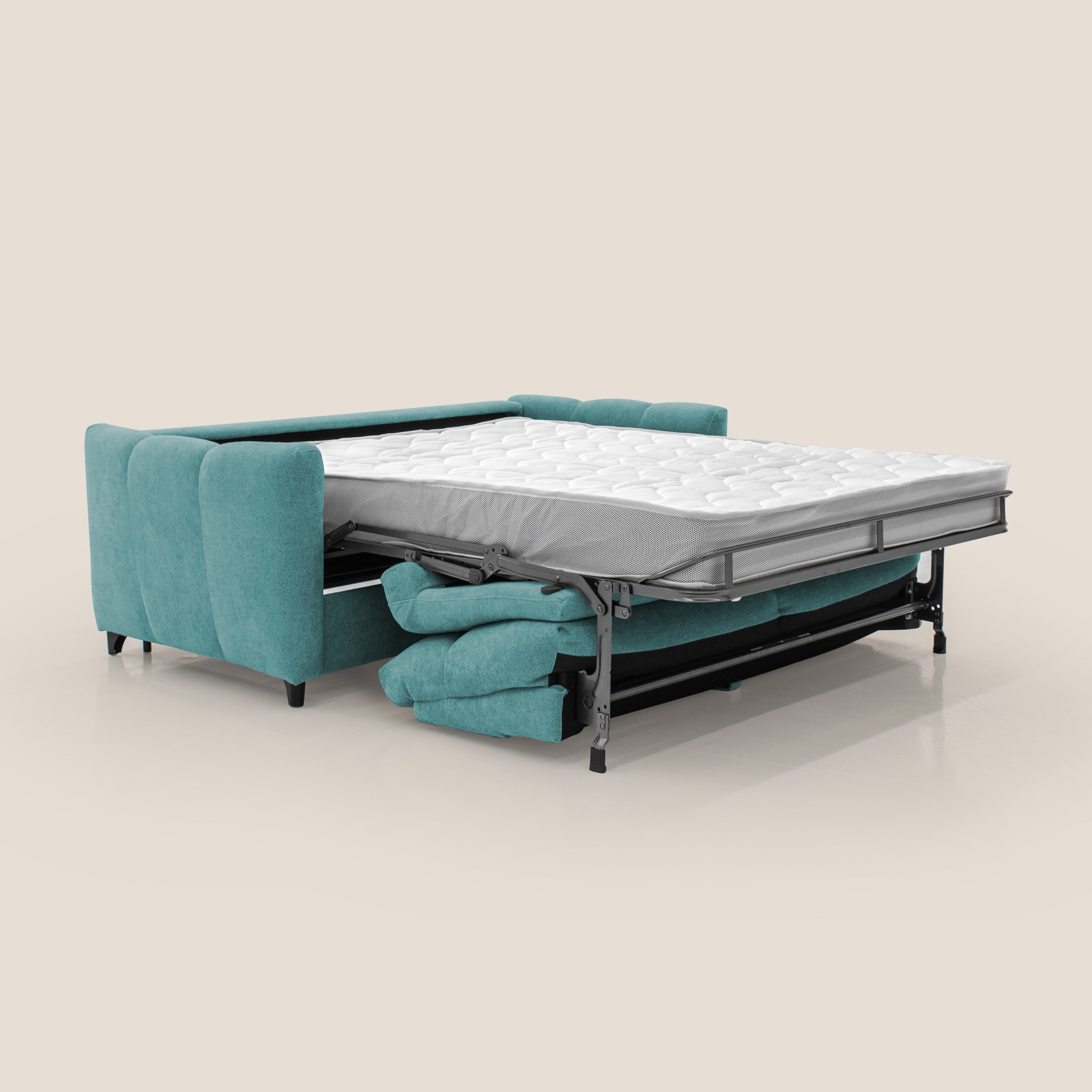 Peonia divano letto scandinavo con materasso H18 cm e morbido e alto schienale in tessuto Bouclé impermeabile T07 azzurro - divani.store