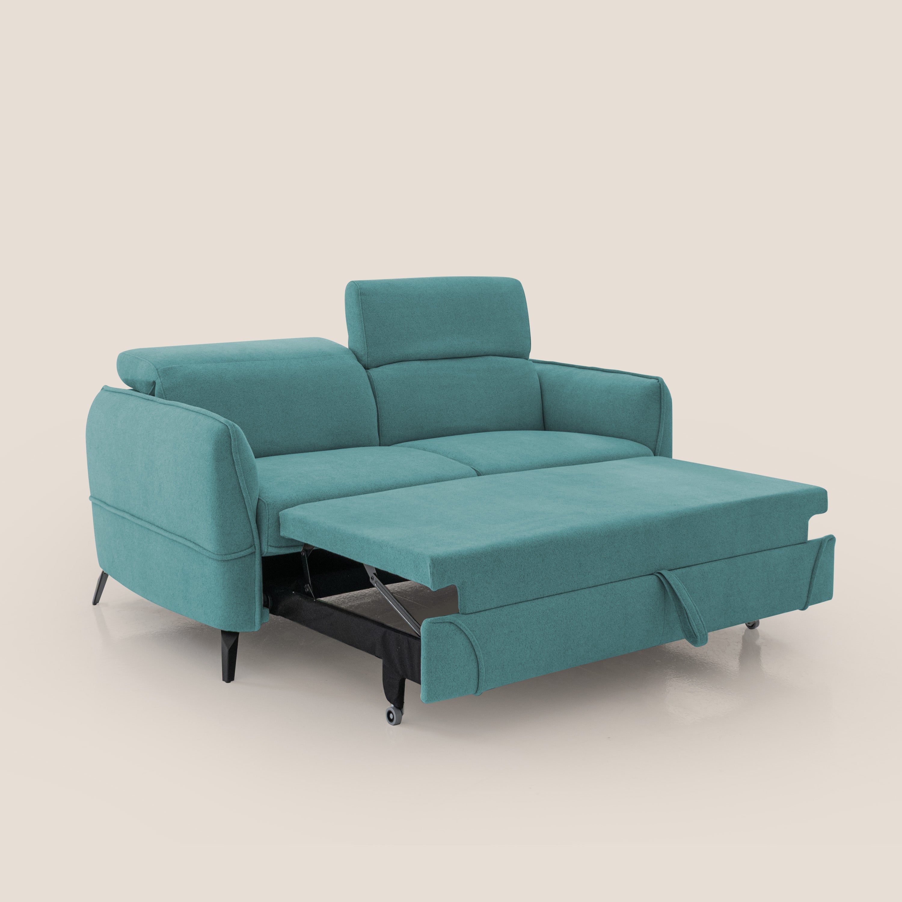 Bloom Divano con poggiapiedi estraibile piedini alti e poggiatesta reclinabili in tessuto bouclé impermeabile T07 azzurro - divani.store