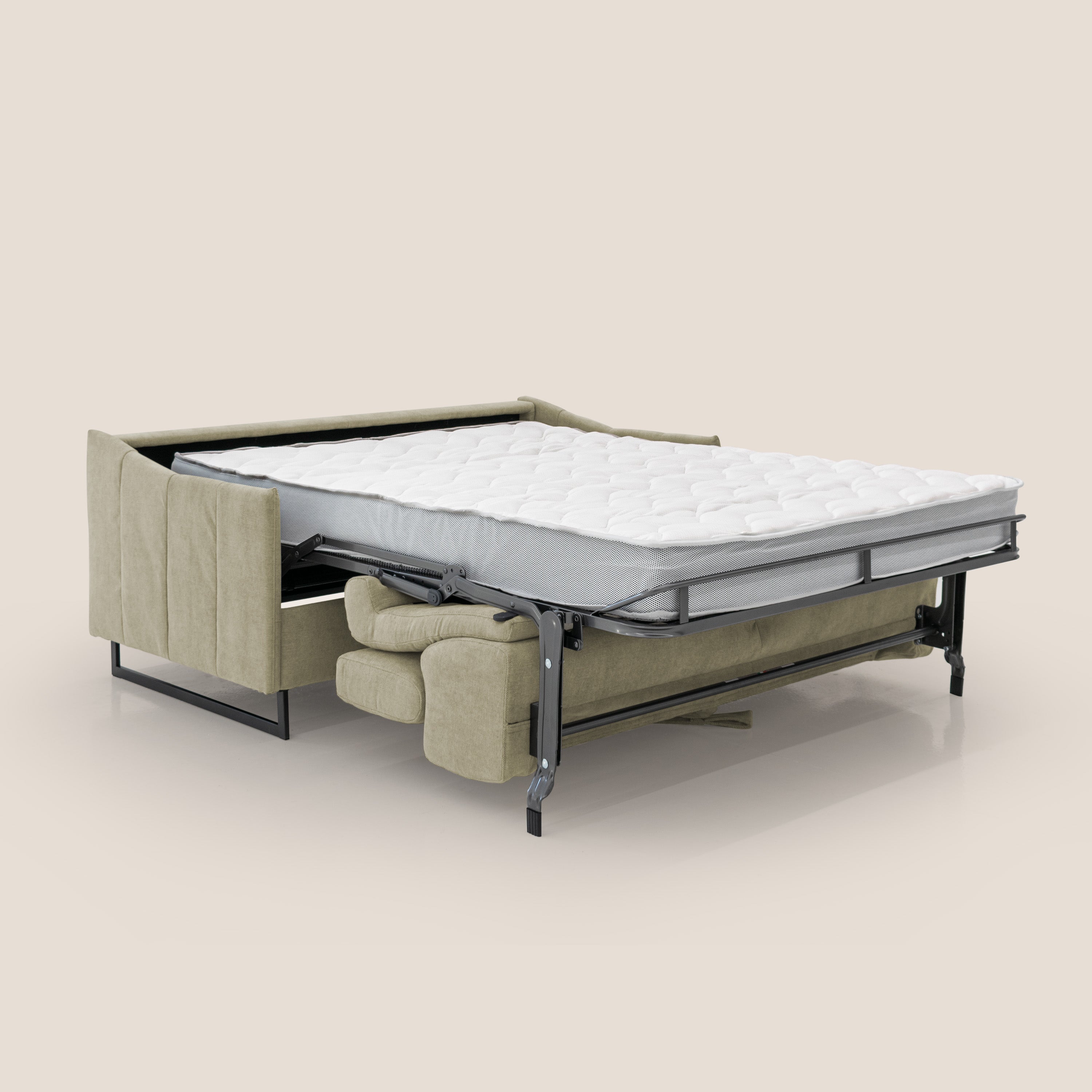 Loto divano letto salvaspazio materasso H18 cm con piedi alti in morbido tessuto impermeabile T14 beige - divani.store