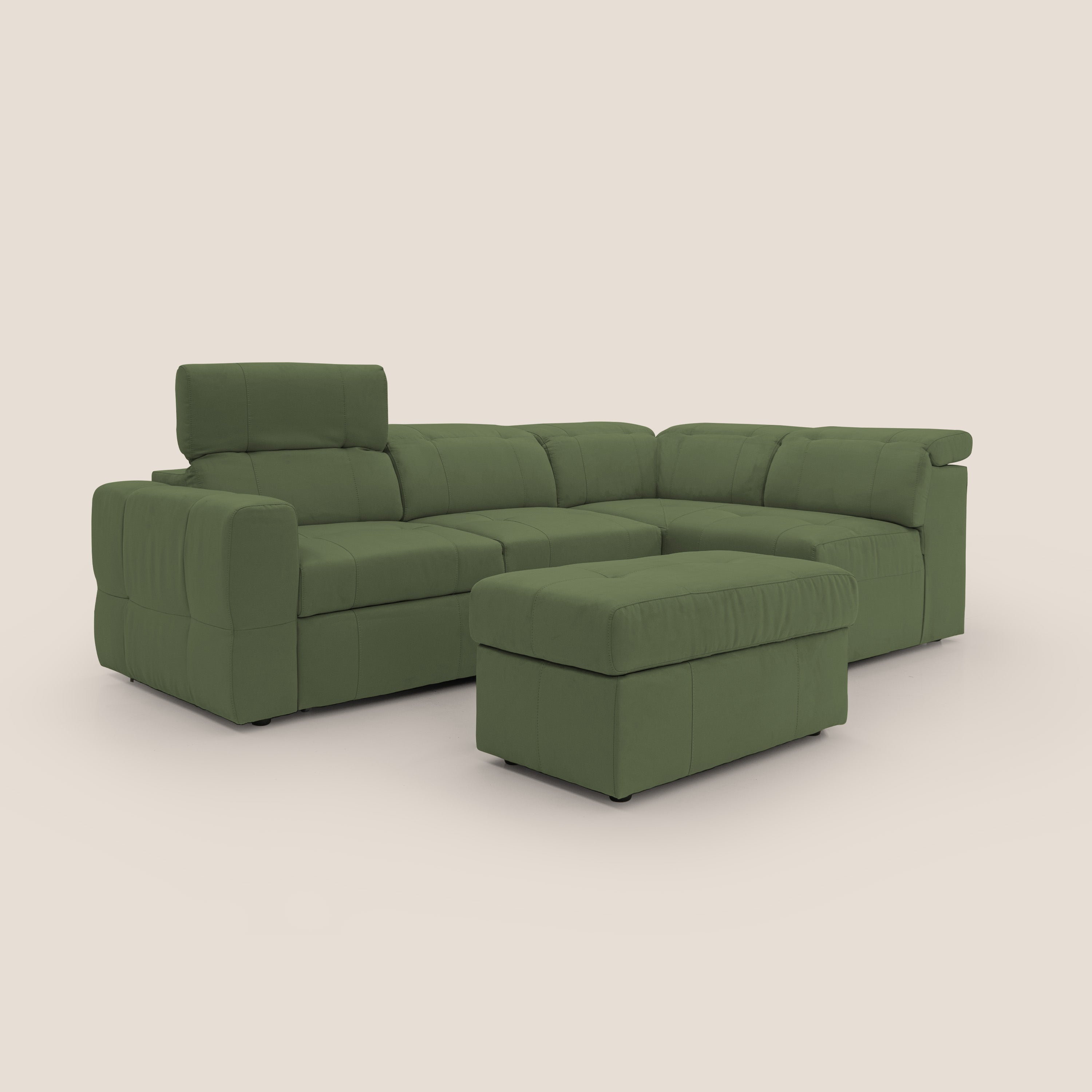 Kronos Divano angolare con poggiapiedi estraibile e pouf contenitore mobile in microfibra impermeabile T11 verde - divani.store