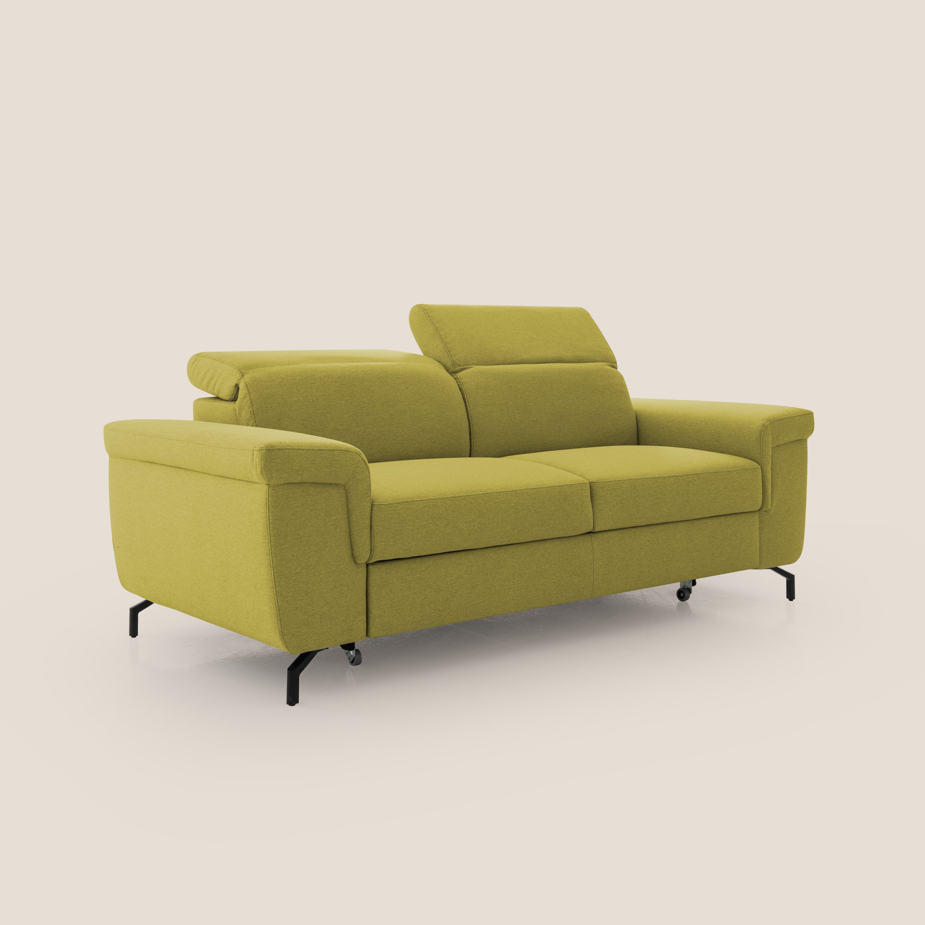 Aisha Divano con poggiapiedi estraibile piedini alti e poggiatesta reclinabili in tessuto Smacchiabile T05 giallo - divani.store