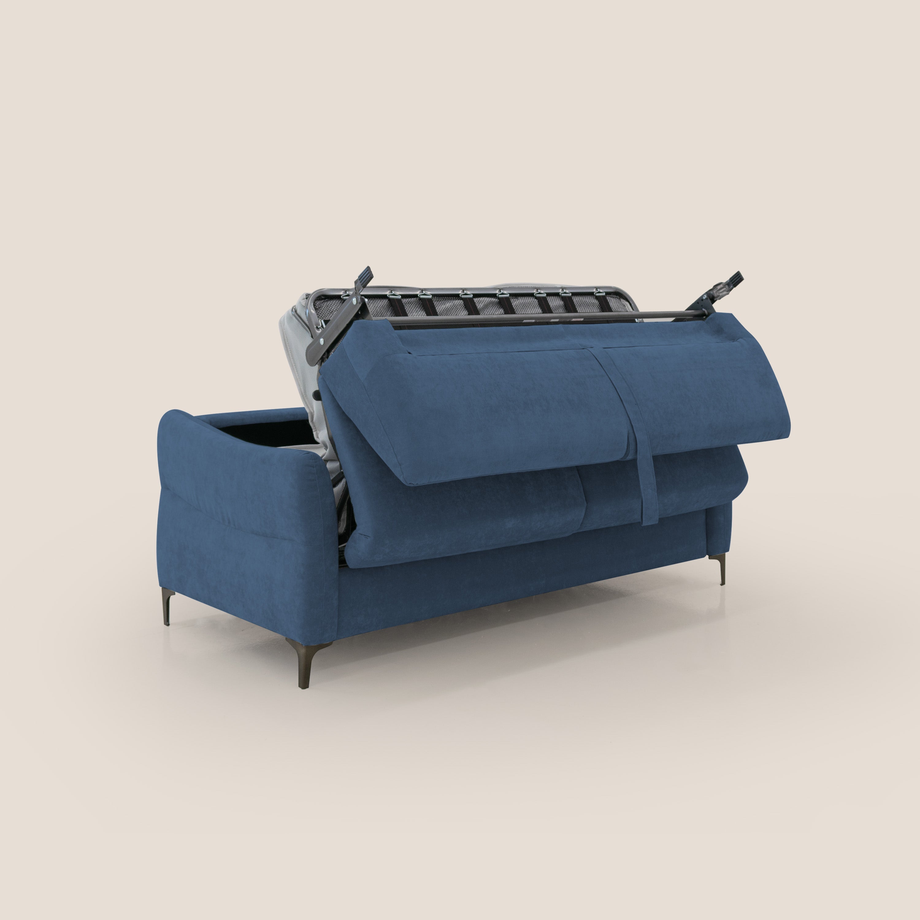 Dalia divano letto con materasso H18 cm e piedi alti in raffinato tessuto smacchiabile T17 blu - divani.store