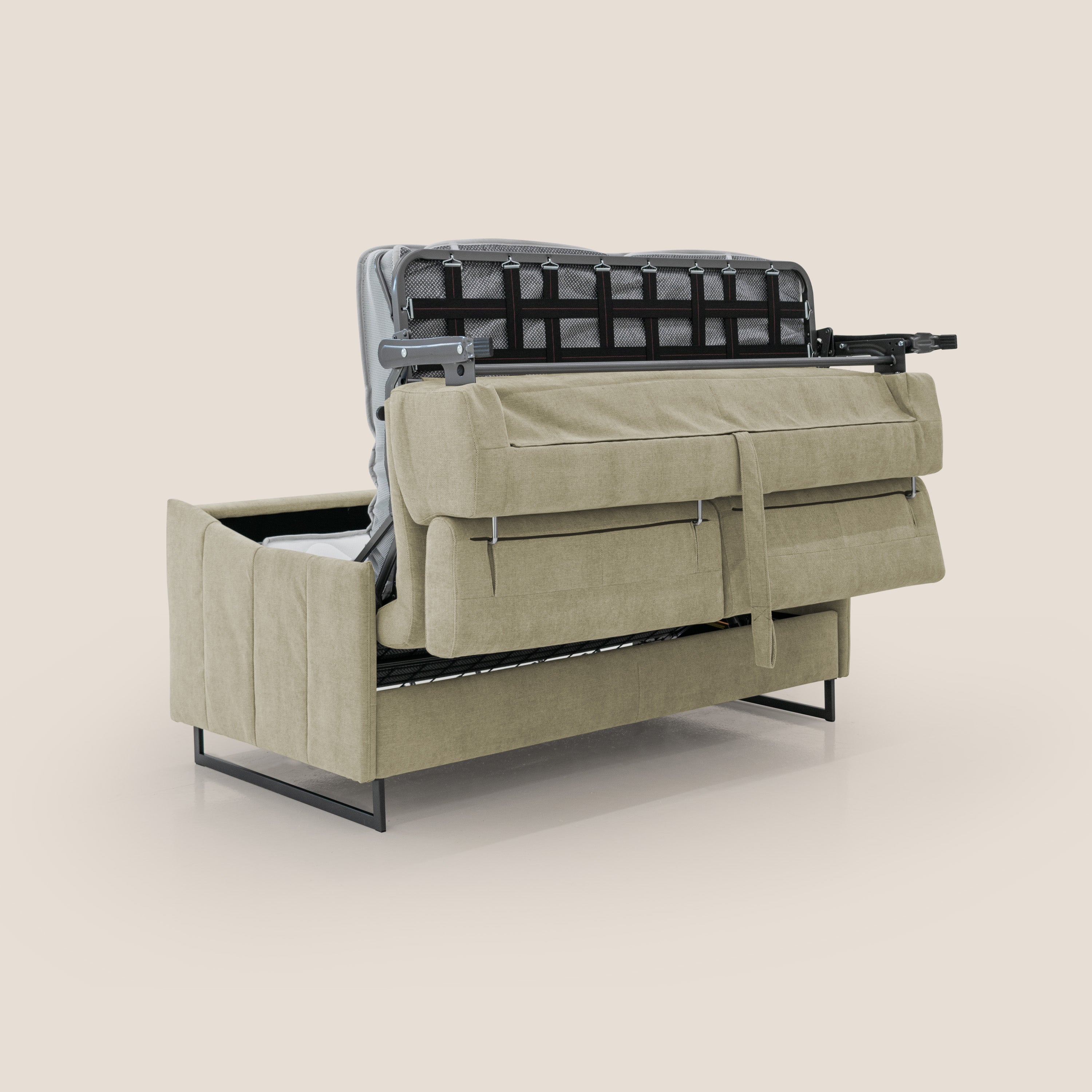 Loto divano letto salvaspazio materasso H18 cm con piedi alti in morbido tessuto impermeabile T14 beige - divani.store