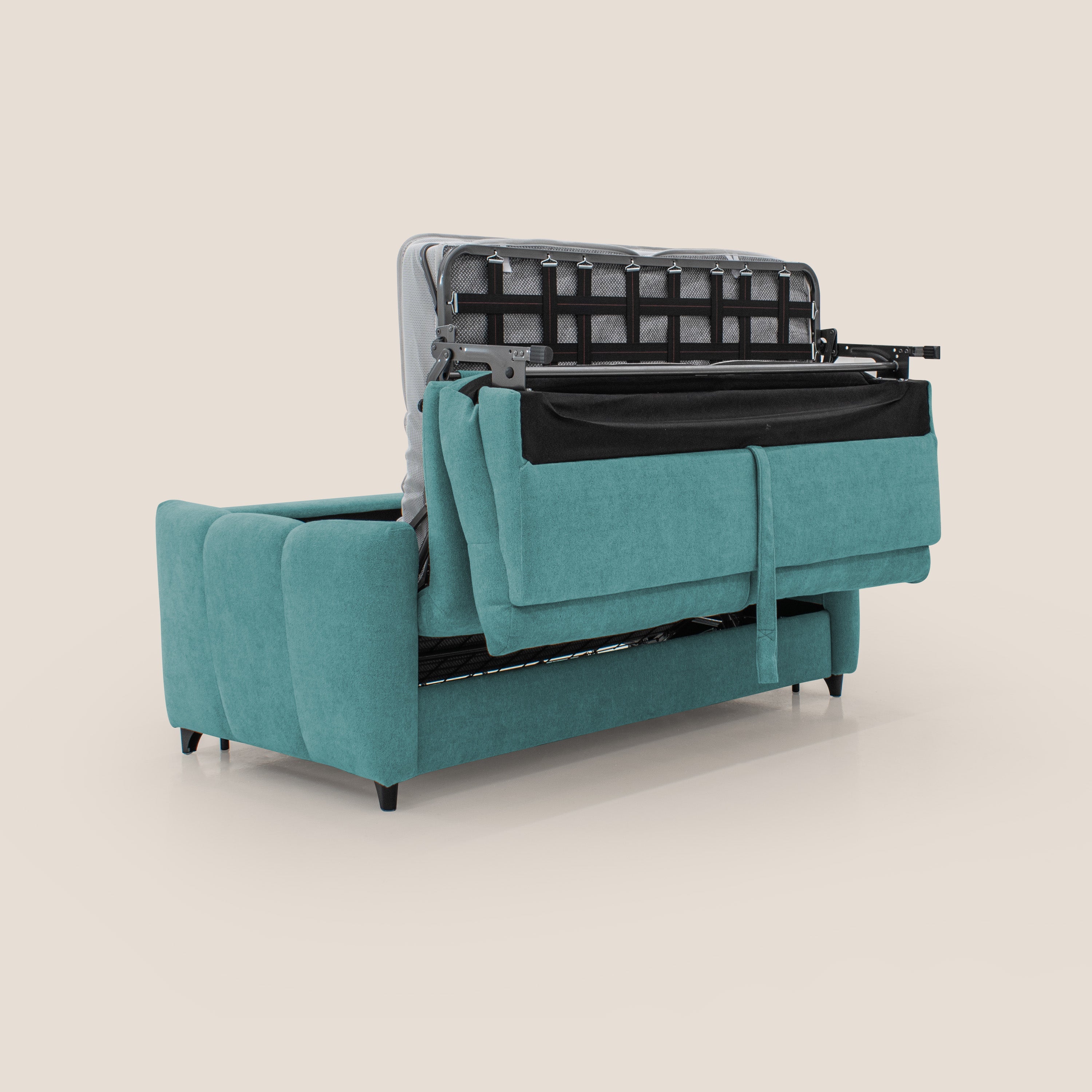 Peonia divano letto scandinavo con materasso H18 cm e morbido e alto schienale in tessuto Bouclé impermeabile T07 azzurro - divani.store